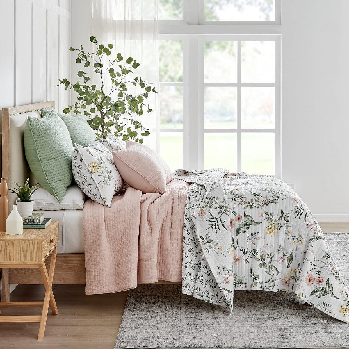 Viviana Reversible King/Cal King Quilt Set (106x92in) with 2 Pillow Shams (36x20in) - Floral - Blush, Green, White - Cotton King Size Quilt Bedding Set - Lightweight, Soft, Pre-Washed - image 4