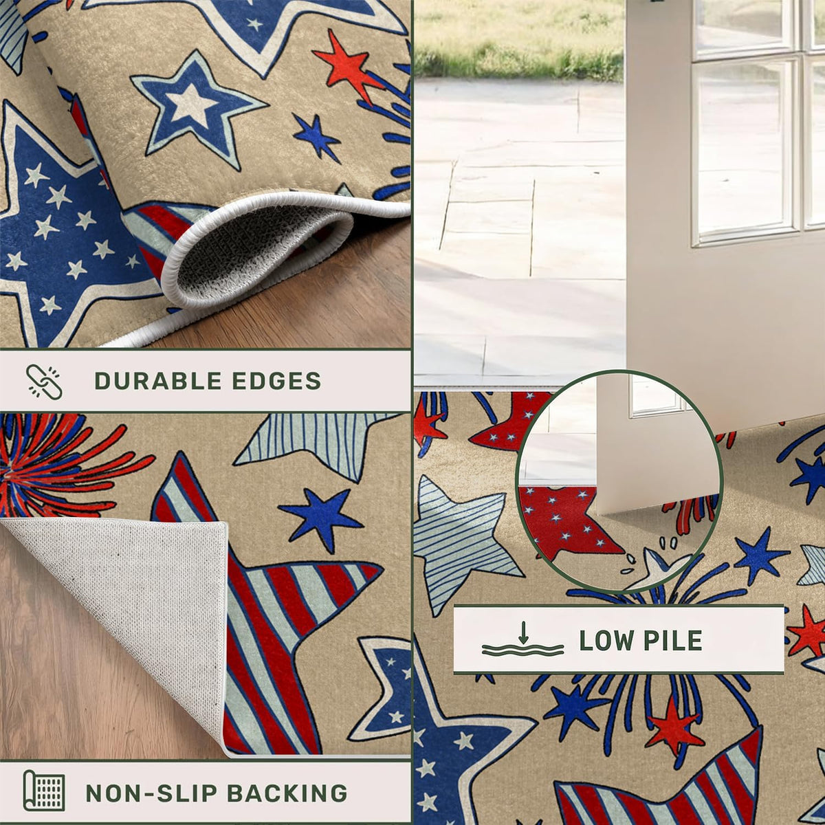 4th of July Patriotic Stars Kitchen Runner Rugs, 3x10ft, Independence America Stars Memorial Day Front Door Mat, Non Slip Rubber Backing Machine Washable Entryway Hallway Floor Decor Carpet - image 6