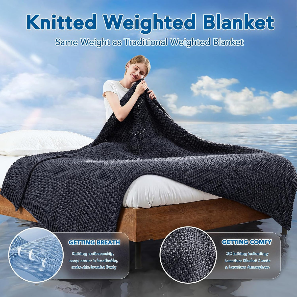 Knitted Weighted Blanket - 60"x80" 20lbs Queen Size Cooling Chunky Knit Heavy Blanket for Adults Cable Yarn Knit Decorative No Beads Soft Cozy and Cooling Weighted Throw Machine Washable - image 2