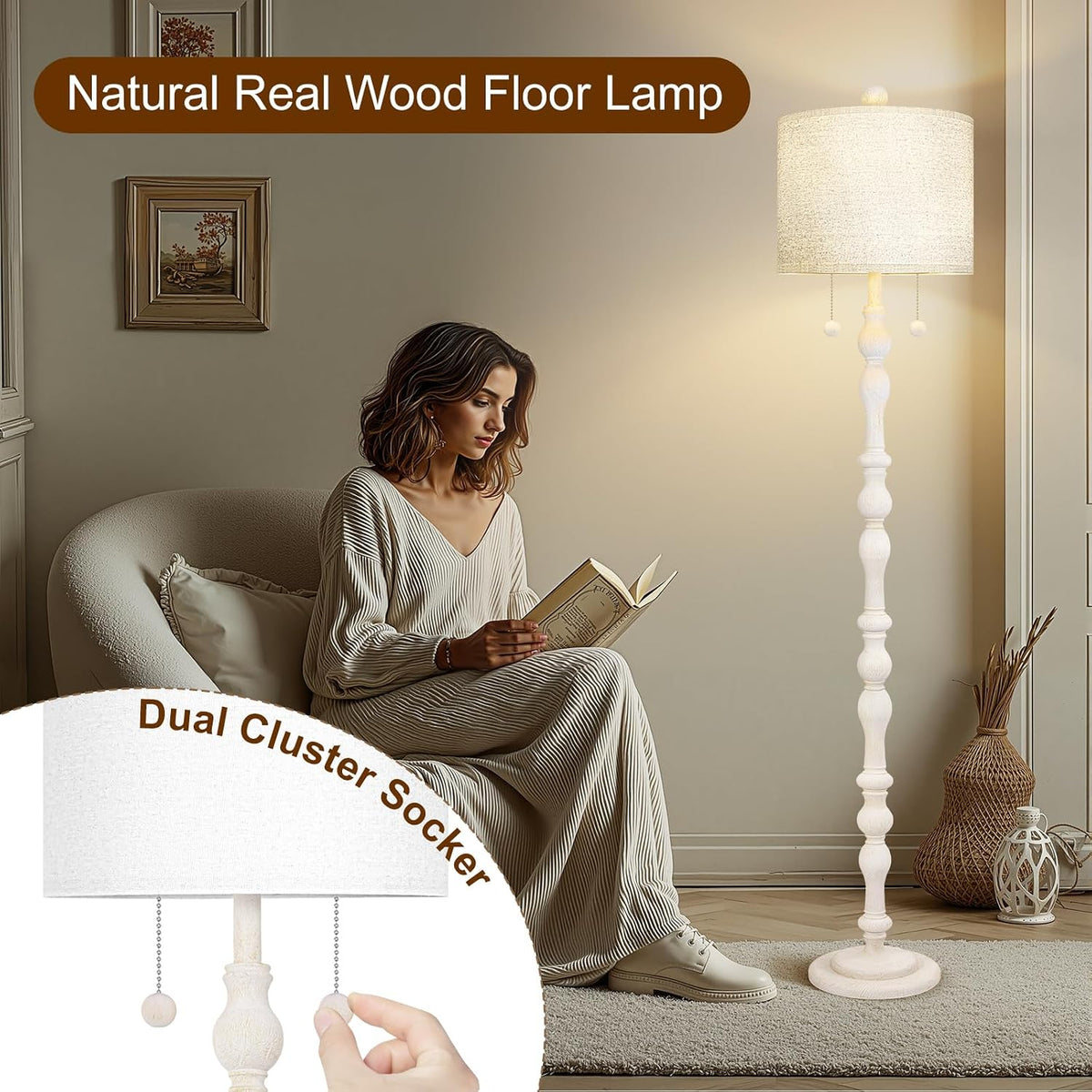 65.5" Natural Real Wood Boho Floor Lamp for Living Room Bedroom - image 2