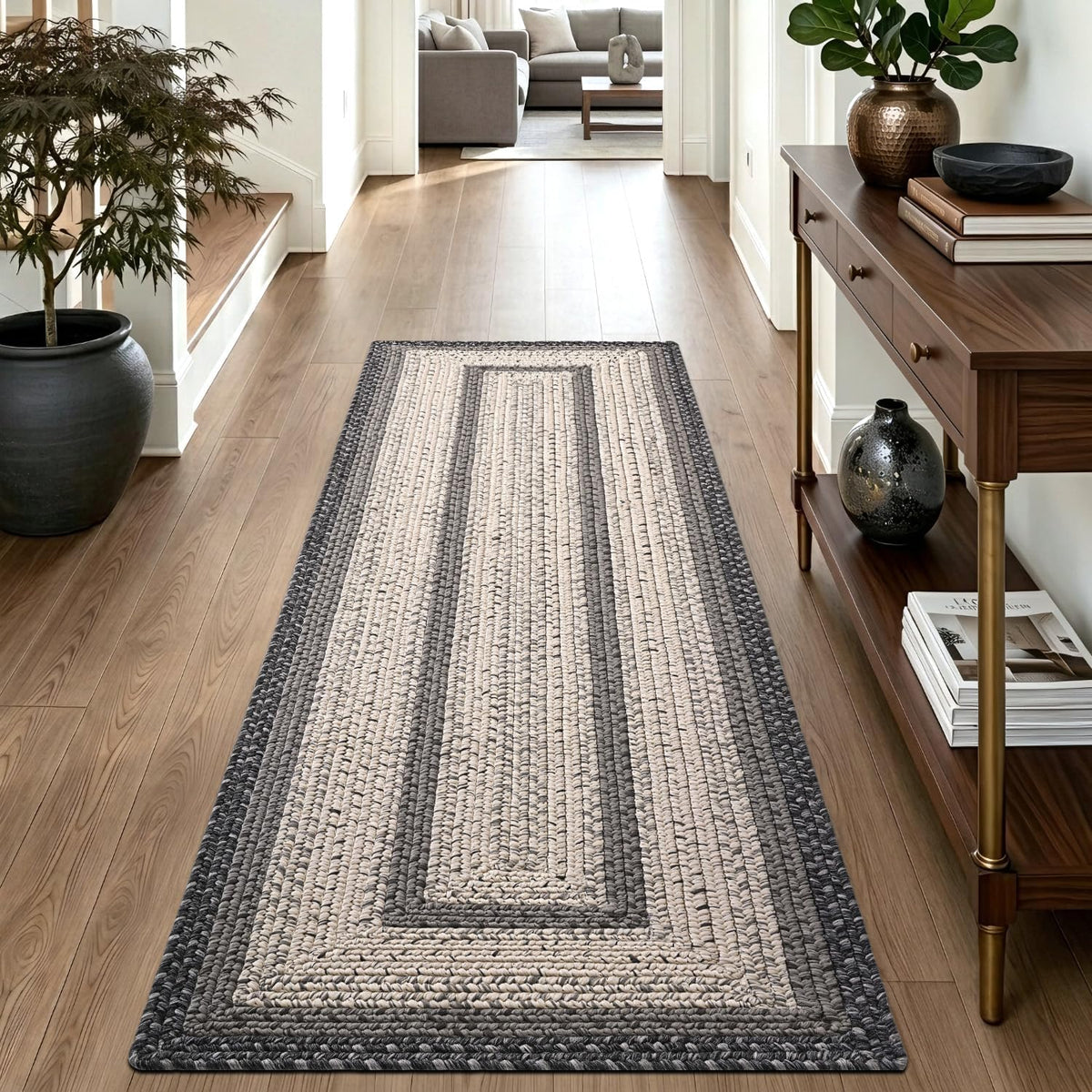 Hallway Runner Rug 3x10, Braided Farmhouse Rug Runners, Black/Ivory - image 10