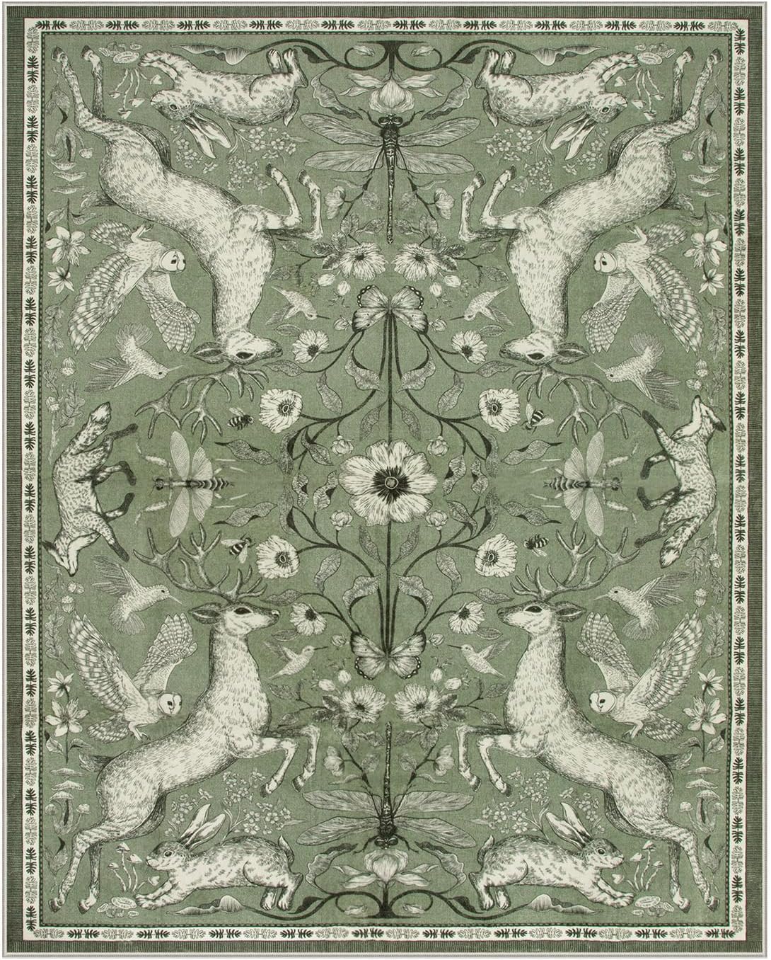 8x10 Washable Area Rug for Living Room, Woodland Deer Boho Animal Rug, Vintage Botanical Green Non-Slip Low Pile Large Carpet for Bedroom Dining Room Nursery Farmhouse Decor - image 8
