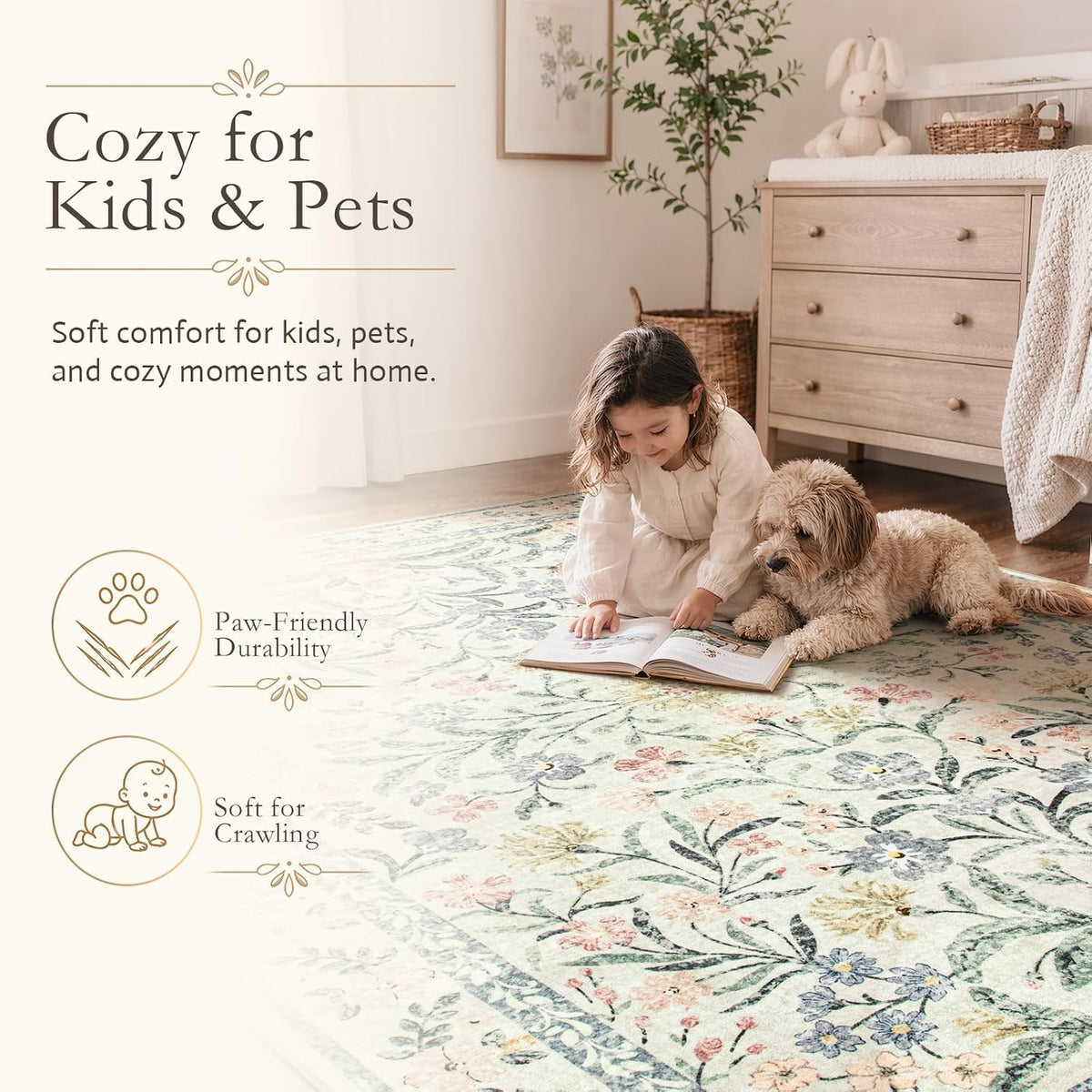 Boho Washable Rug 8x10, Large Area Rug for Living Room, Soft Floral Carpet for Bedroom Non Slip, 8 x 10 Indoor Beige Carpets for Nursery Dining Room Apartment Office Decor - image 3
