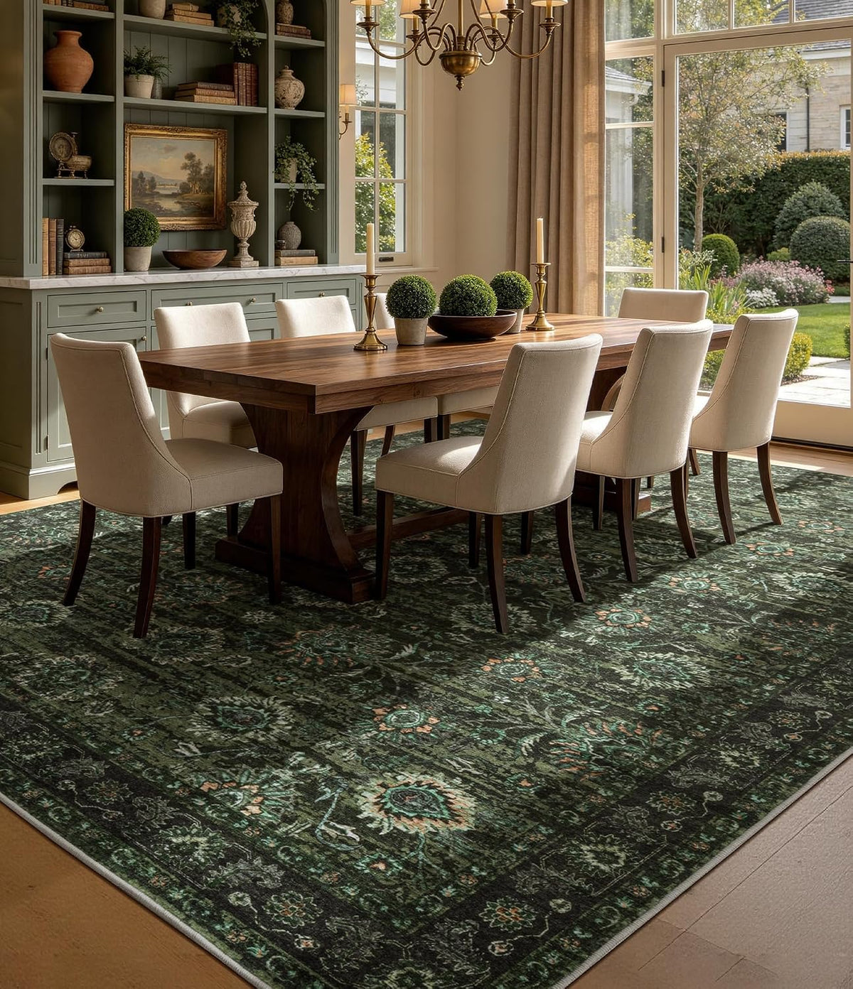 Washable Olive Green 8x10 Area Rugs for Living Room, Dark Vintage Rug for Bedroom Non Slip Distressed, Large Soft Boho Floral Carpet for Playroom Dining Room Home Office Decor - image 7