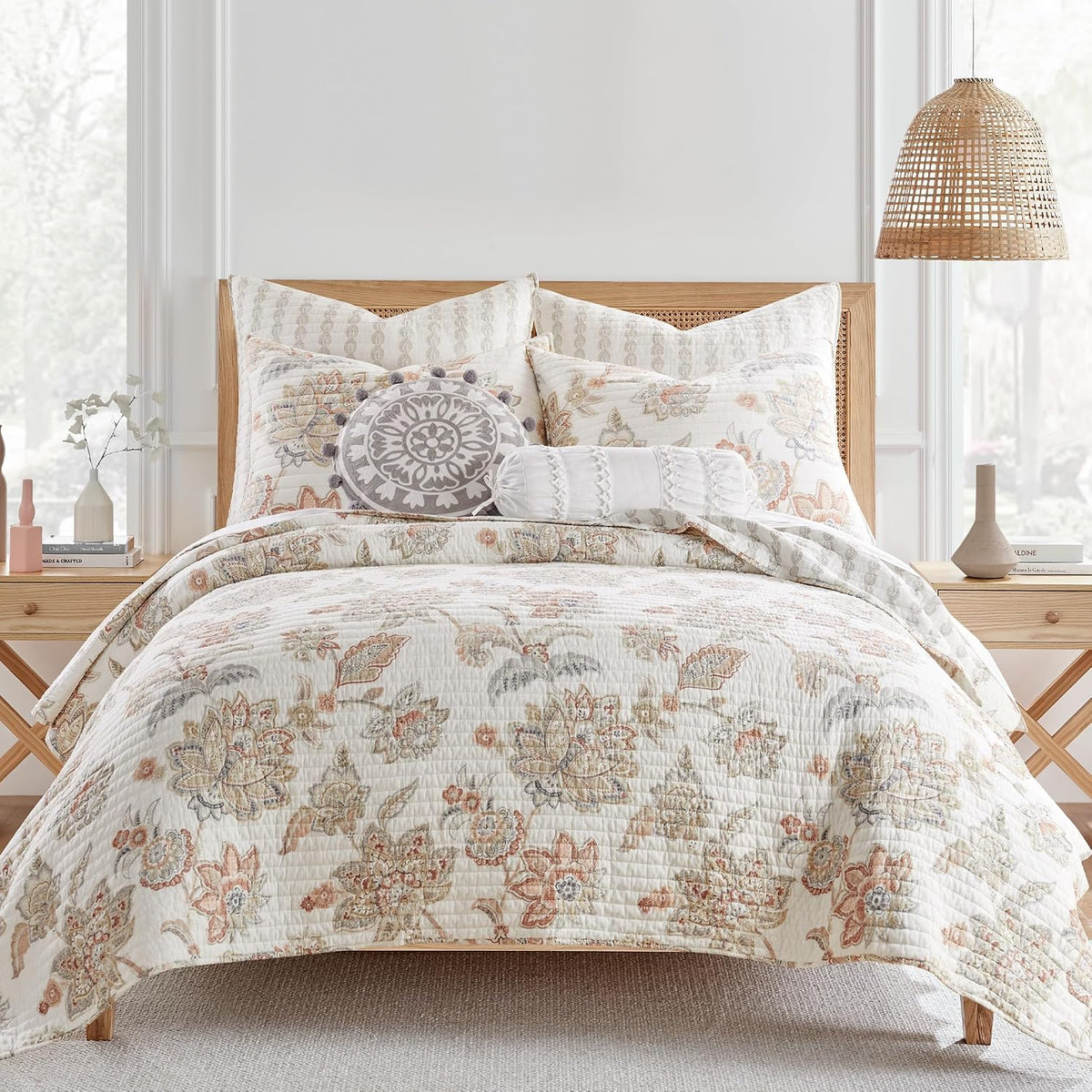 Selesta Blush Quilt Set - King Quilt and Two King Shams - Floral - Blush Taupe Grey - Quilt (106x92in.) and Shams (20x36in.) - Reversible - Cotton