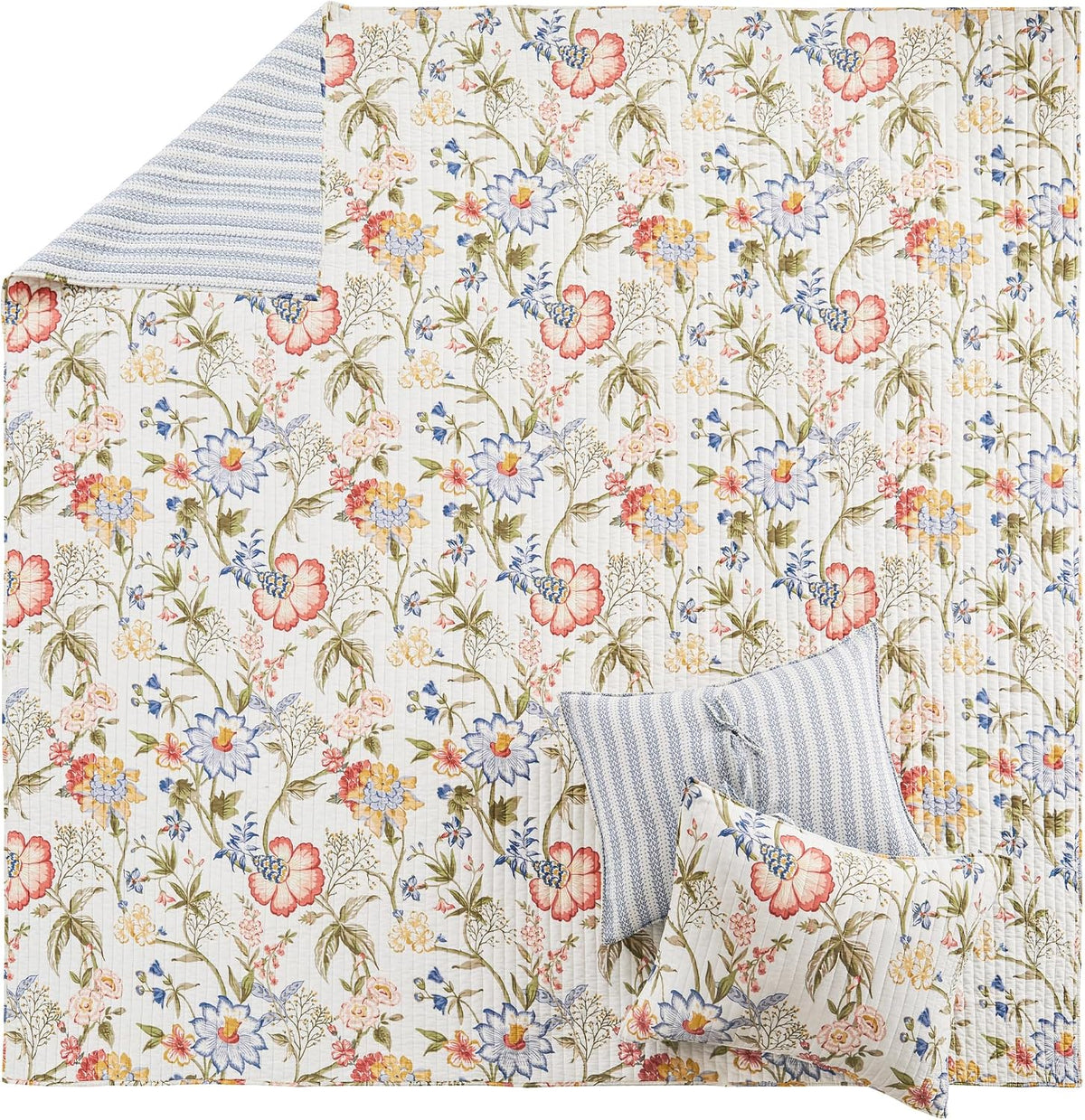 Maileen Quilt Set - King Quilt and Two King Shams - Floral - Bright Multi Color - Quilt (106x92in.) and Shams (20x36in.) - Reversible - Cotton - image 5