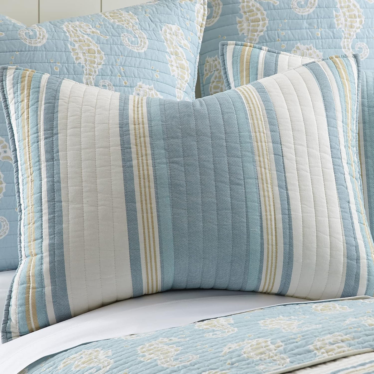 Blue Maui Quilt Set, King/Cal King Quilt + Two King Pillow Shams, Striped Coastal Design In Light Blue, Cream and Tan, Quilt Size (106 x 92), Pillow Sham Size (36 x 20), Reversible, Cotton - image 3