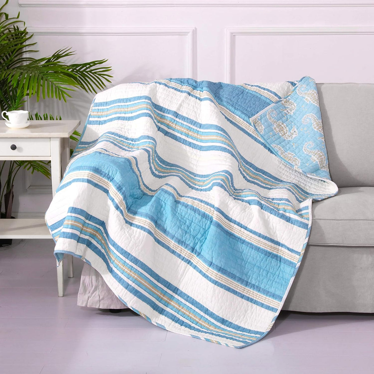 Blue Maui Quilt Set, King/Cal King Quilt + Two King Pillow Shams, Striped Coastal Design In Light Blue, Cream and Tan, Quilt Size (106 x 92), Pillow Sham Size (36 x 20), Reversible, Cotton - image 7