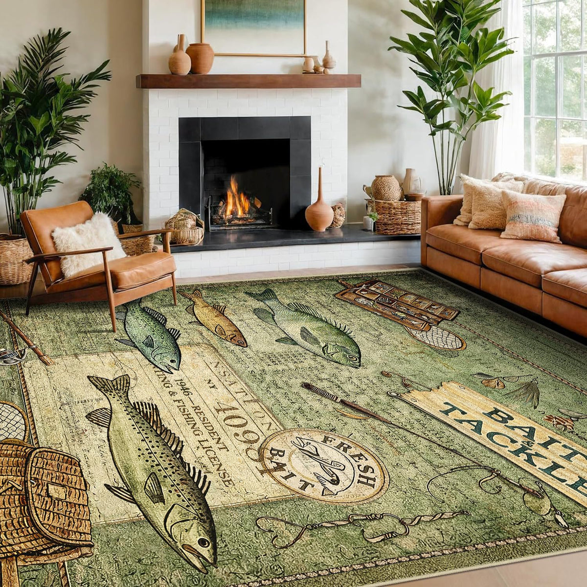 Rugs 8x10 Rustic Cabin Area Rugs for Living Room Bedroom, Washable Low Pile Non-Slip Rubber Backing, Vintage Style Carpet Green
