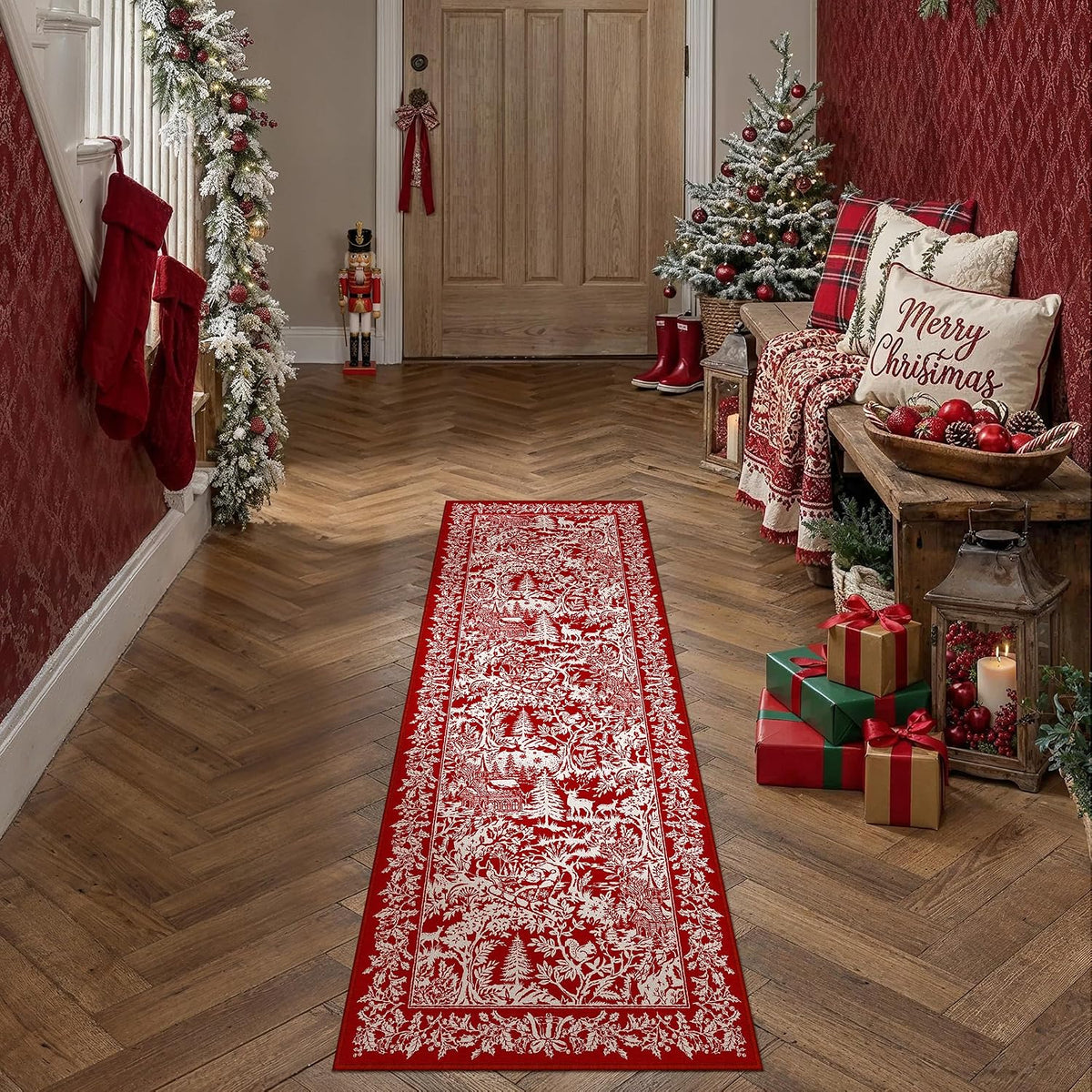 Christmas Floral Area Rug 8x10 Red Washable Non Slip Living Room - image 7