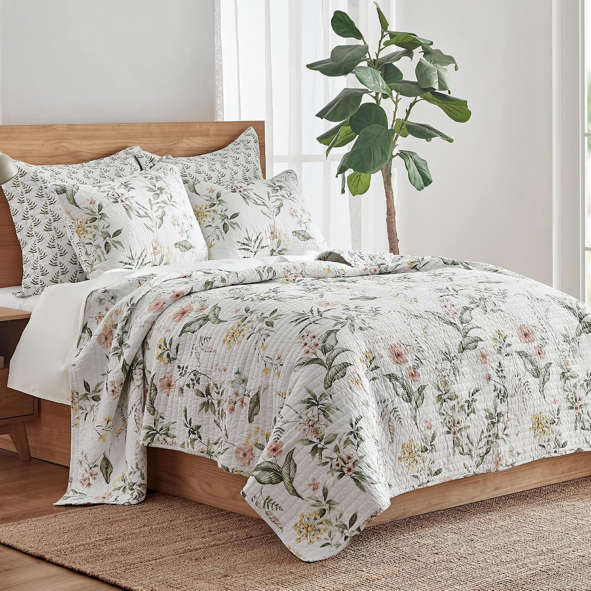 Viviana Reversible King/Cal King Quilt Set (106x92in) with 2 Pillow Shams (36x20in) - Floral - Blush, Green, White - Cotton King Size Quilt Bedding Set - Lightweight, Soft, Pre-Washed - image 2