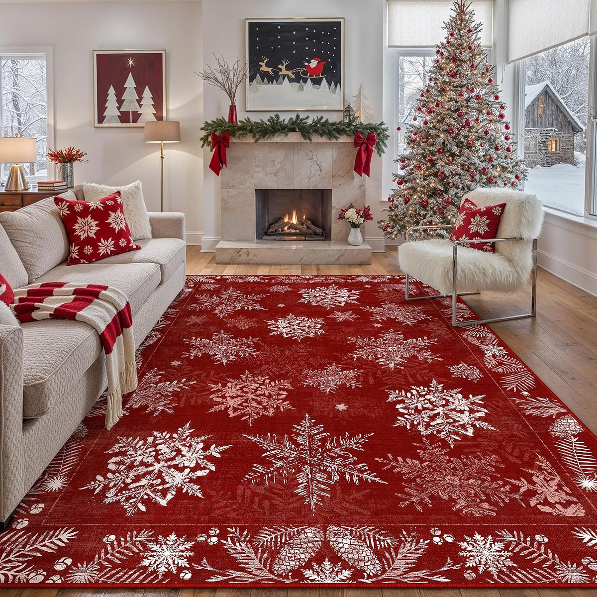 Christmas Floral Area Rug 8x10 Red Washable Non Slip Living Room - image 6