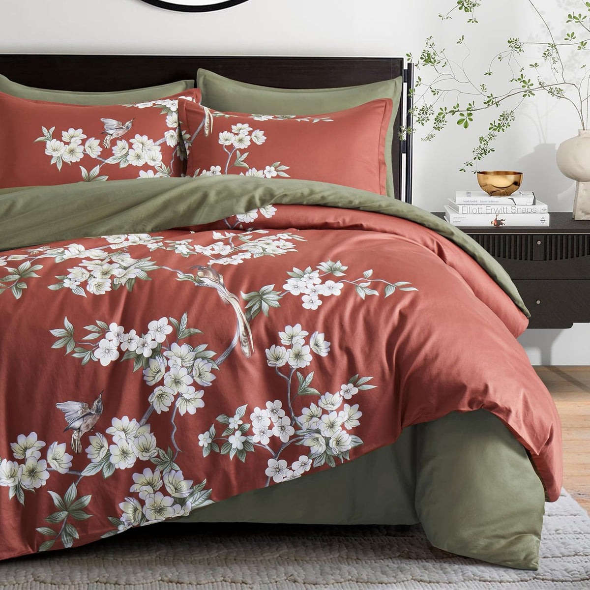 Exotic Modern Floral Print Bedding Birds Flowers Dusty Grey Design 100% Cotton Duvet Cover 3pc Set Hibiscus Blossom Branches in Muted Gray Blue (Super King, Egret White) - image 11