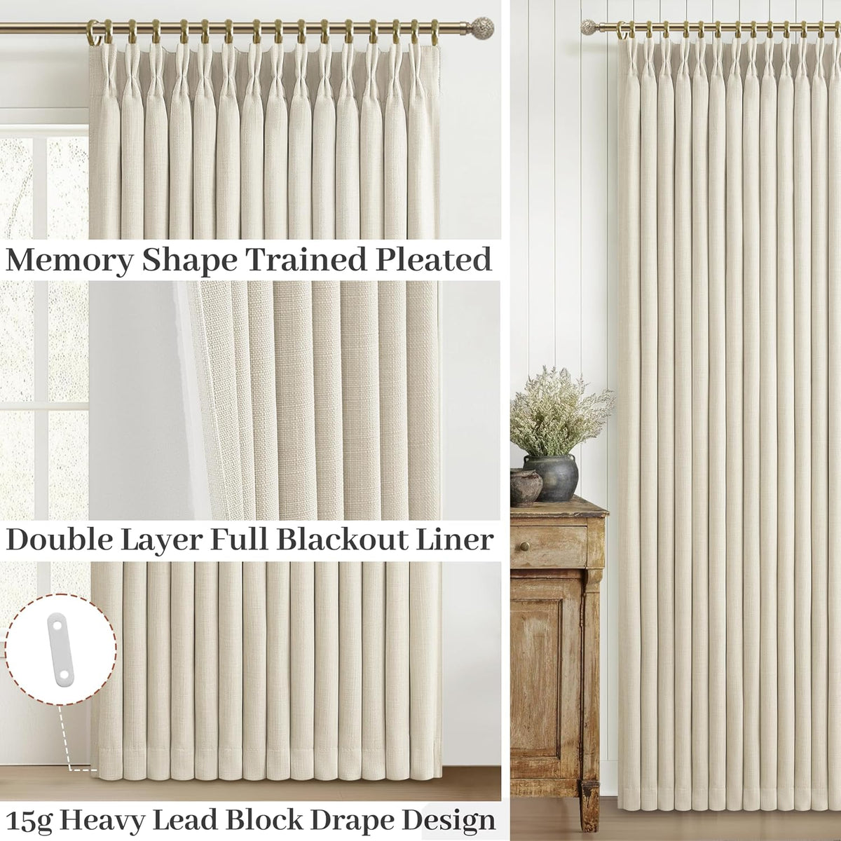 Extra Wide 70 Inch Blackout Curtains 90 Inches Long for Dining Room 2 Panels Set, Memory Trained Pinch Pleated Thermal Sound Dampening Double Layer Linen Blend Ivory Windows Drapes 70x90 Length - image 4