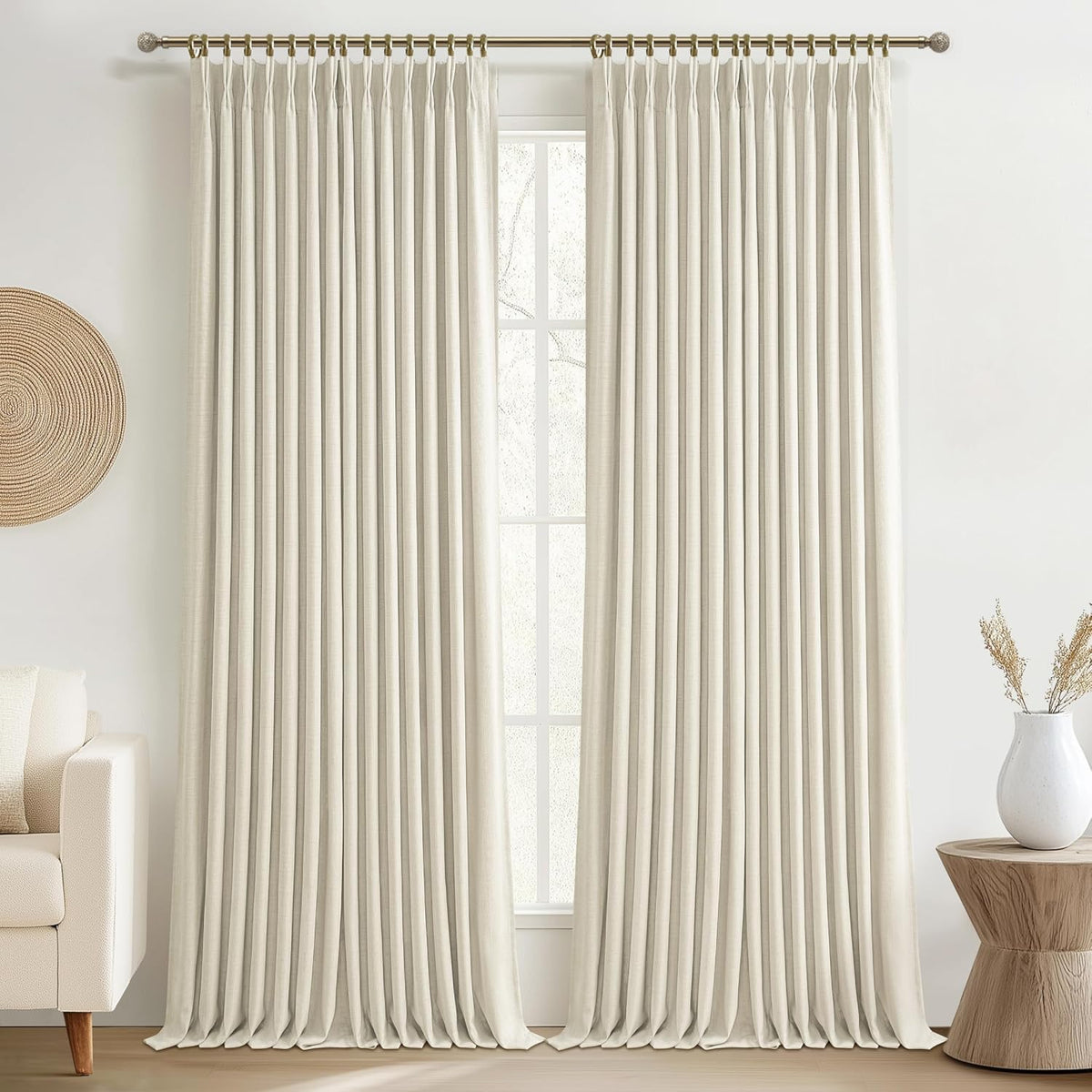 Extra Wide 70 Inch Blackout Curtains 90 Inches Long for Dining Room 2 Panels Set, Memory Trained Pinch Pleated Thermal Sound Dampening Double Layer Linen Blend Ivory Windows Drapes 70x90 Length
