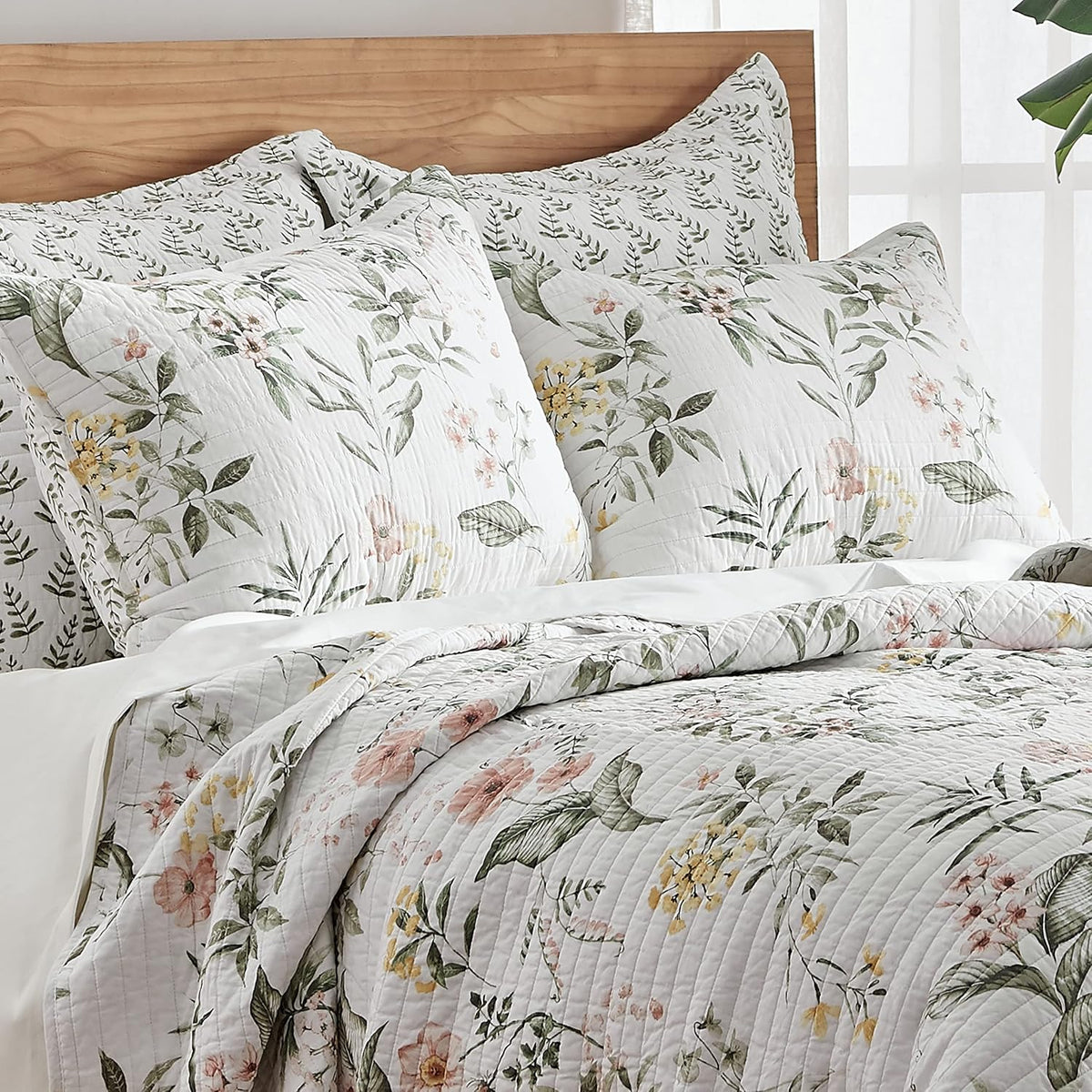 Viviana Reversible King/Cal King Quilt Set (106x92in) with 2 Pillow Shams (36x20in) - Floral - Blush, Green, White - Cotton King Size Quilt Bedding Set - Lightweight, Soft, Pre-Washed - image 5