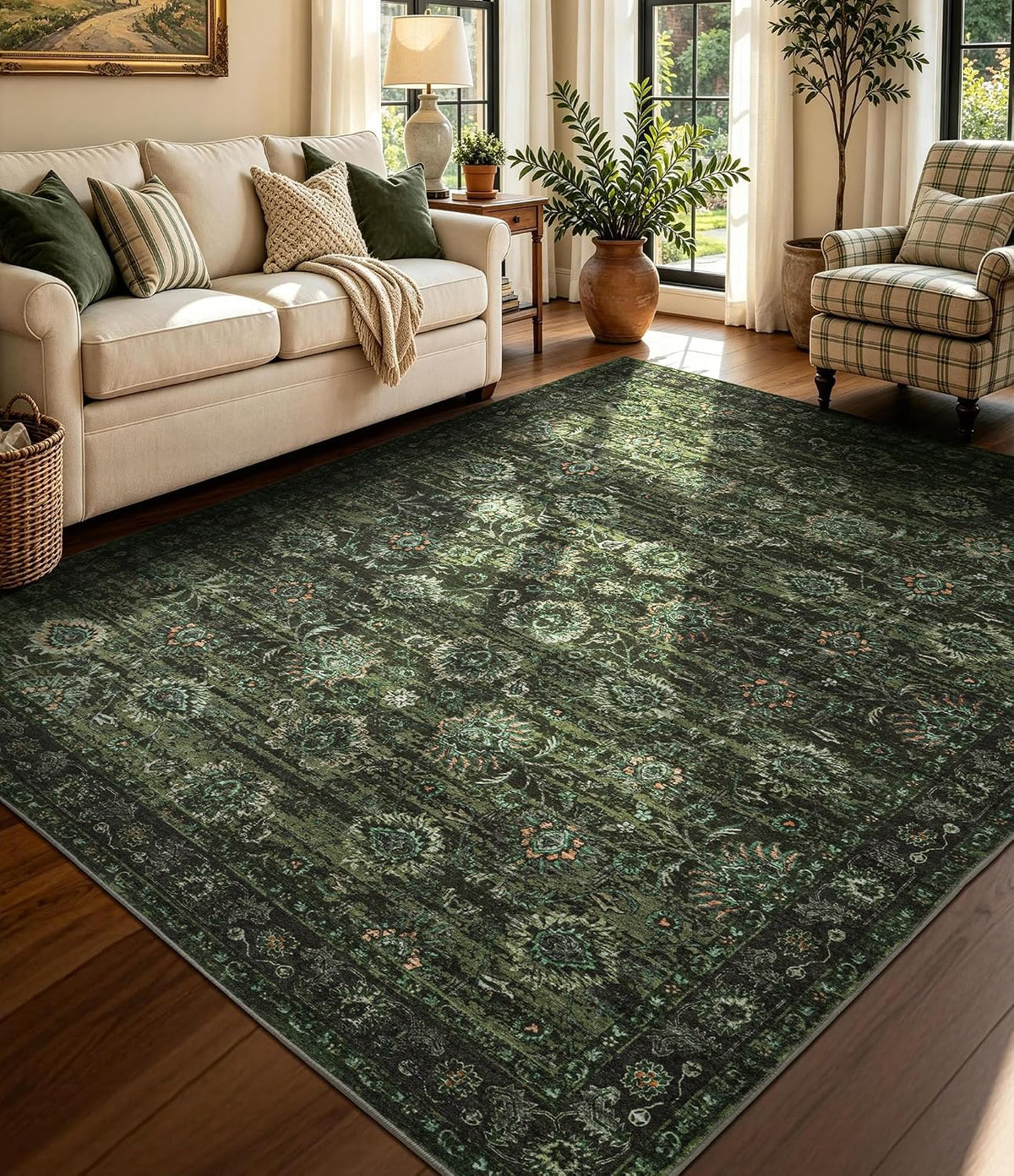 Washable Olive Green 8x10 Area Rugs for Living Room, Dark Vintage Rug for Bedroom Non Slip Distressed, Large Soft Boho Floral Carpet for Playroom Dining Room Home Office Decor