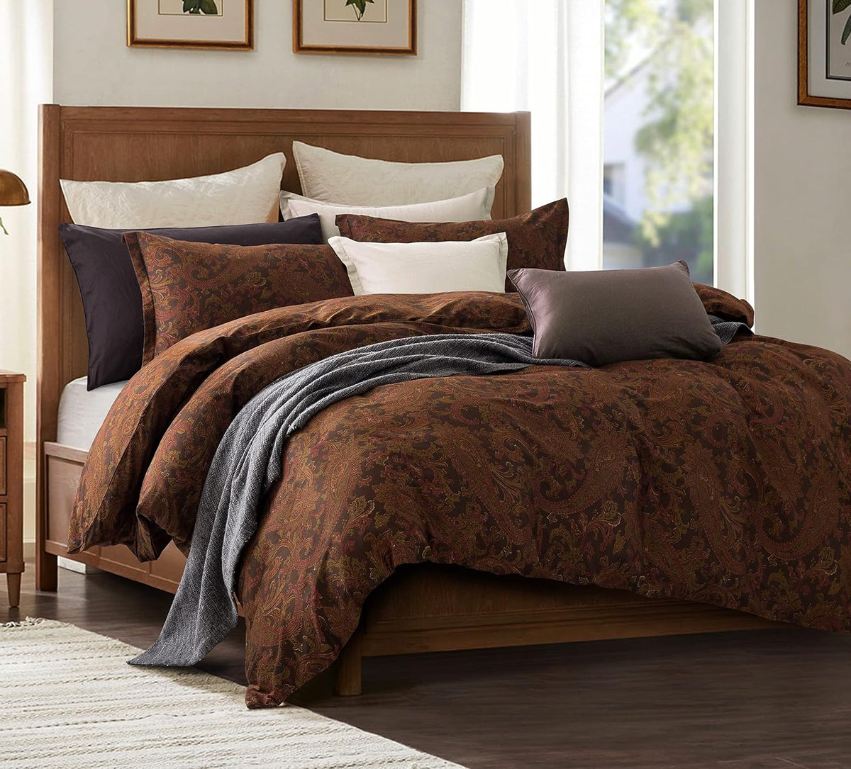 Classical Paisley Duvet Cover 3pc Set Bohemian Bedding Boteh Damask Medallion 400TC Egyptian Cotton Sateen Luxury European Traditional Boho Style Bed Linen (Deep Autumn, King)