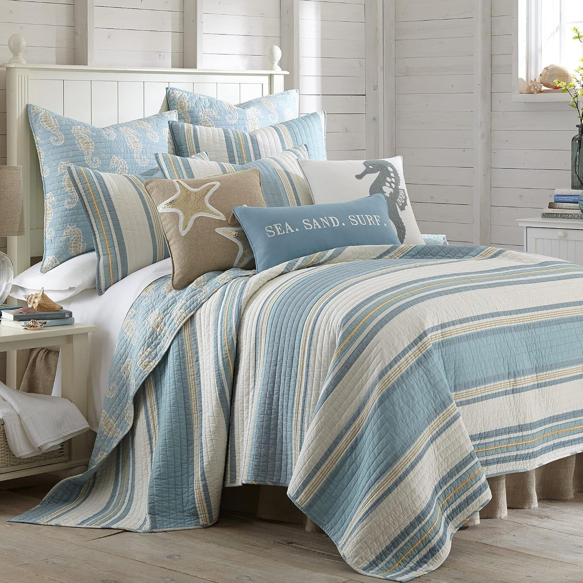Blue Maui Quilt Set, King/Cal King Quilt + Two King Pillow Shams, Striped Coastal Design In Light Blue, Cream and Tan, Quilt Size (106 x 92), Pillow Sham Size (36 x 20), Reversible, Cotton