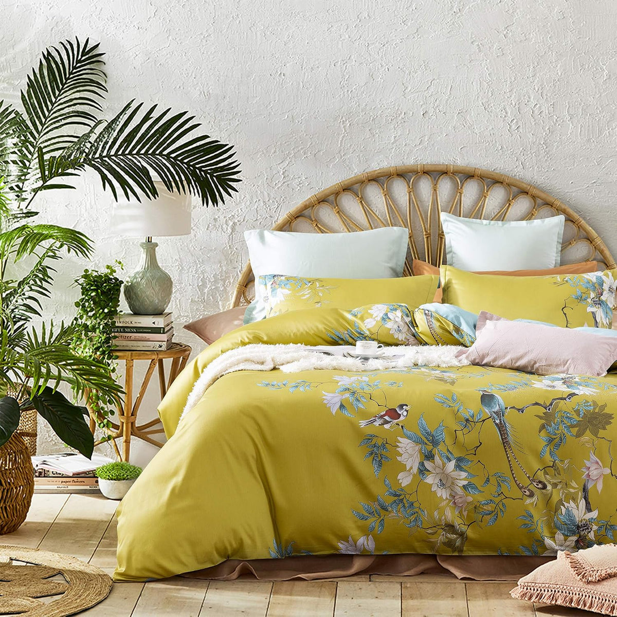Exotic Modern Floral Print Bedding Birds Flowers Dusty Grey Design 100% Cotton Duvet Cover 3pc Set Hibiscus Blossom Branches in Muted Gray Blue (Super King, Egret White) - image 8
