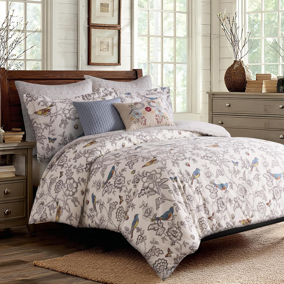 Mockingbird Quilt Set - King/Cal King Quilt 106x92in. + Two King Pillow Shams 36x20in. - Grey Toile with Birds and Butterflies - Reversible Pattern - Cotton - image 6