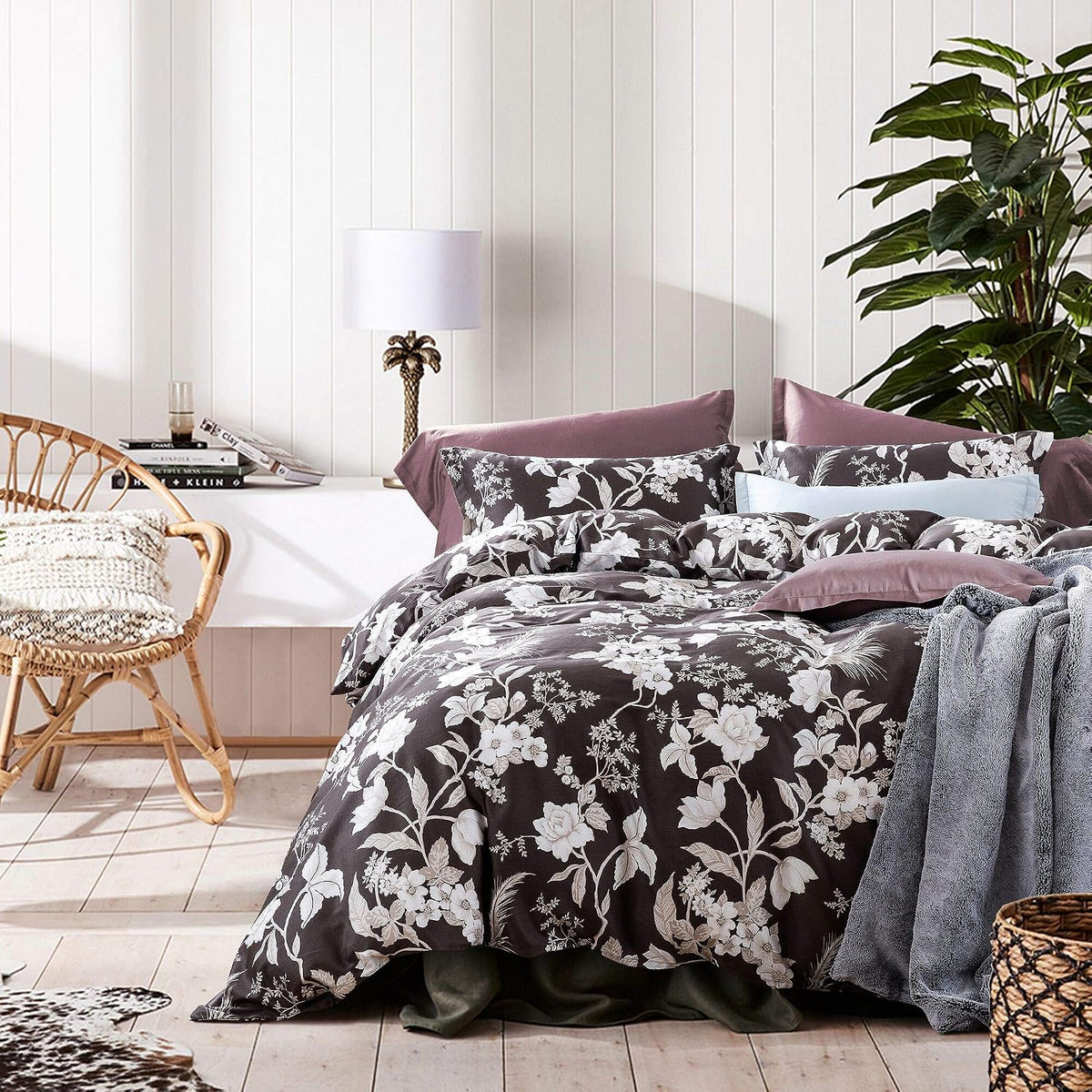 Exotic Modern Floral Print Bedding Birds Flowers Dusty Grey Design 100% Cotton Duvet Cover 3pc Set Hibiscus Blossom Branches in Muted Gray Blue (Super King, Egret White) - image 9