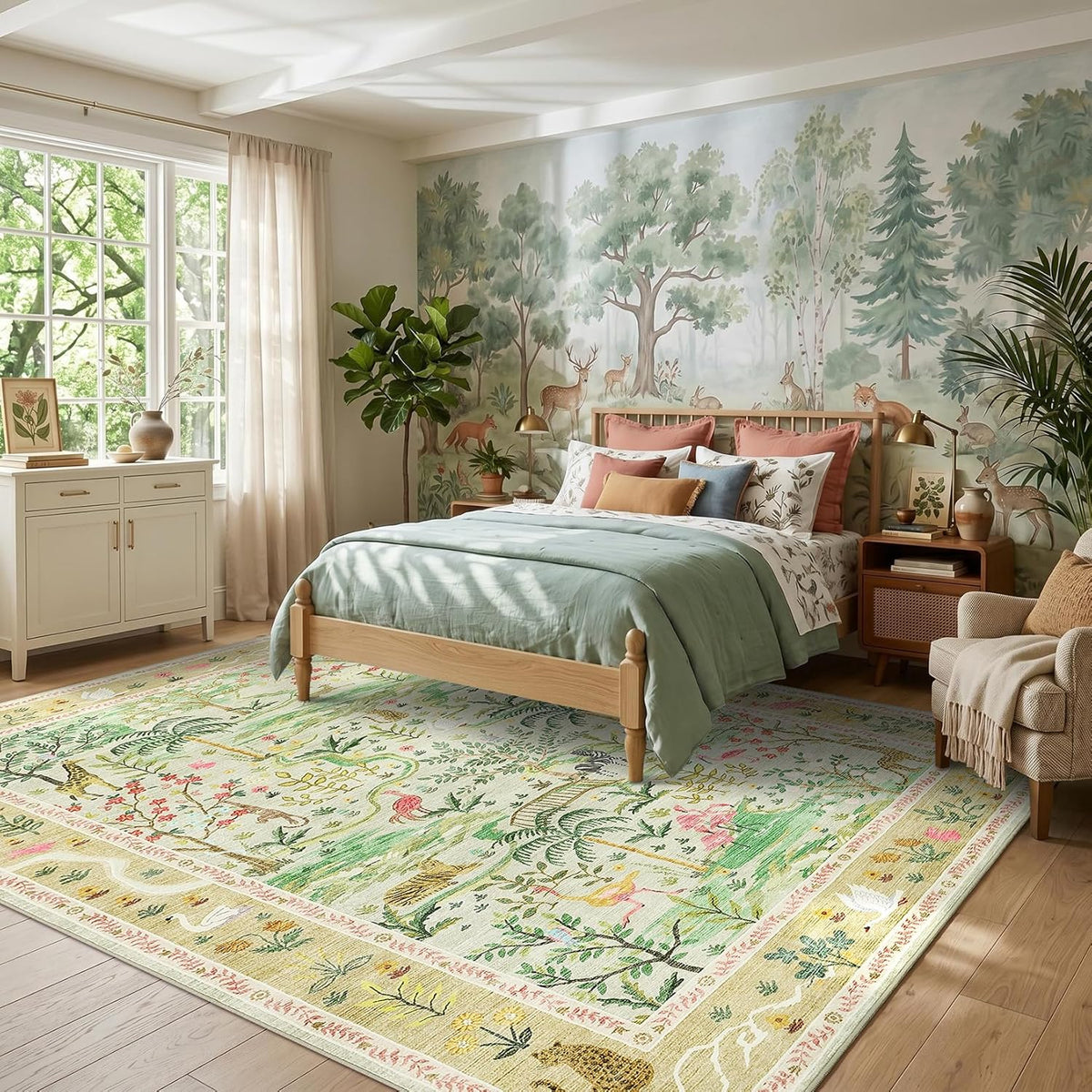 8x10 Washable Rug for Living Room Green Animal Print Large Bedroom Rugs Non Slip Forest Nursery Girls Room Throw Carpet Stain Resistant Whimsical Safari Area Rugs for Home Office, Sage Green - image 2