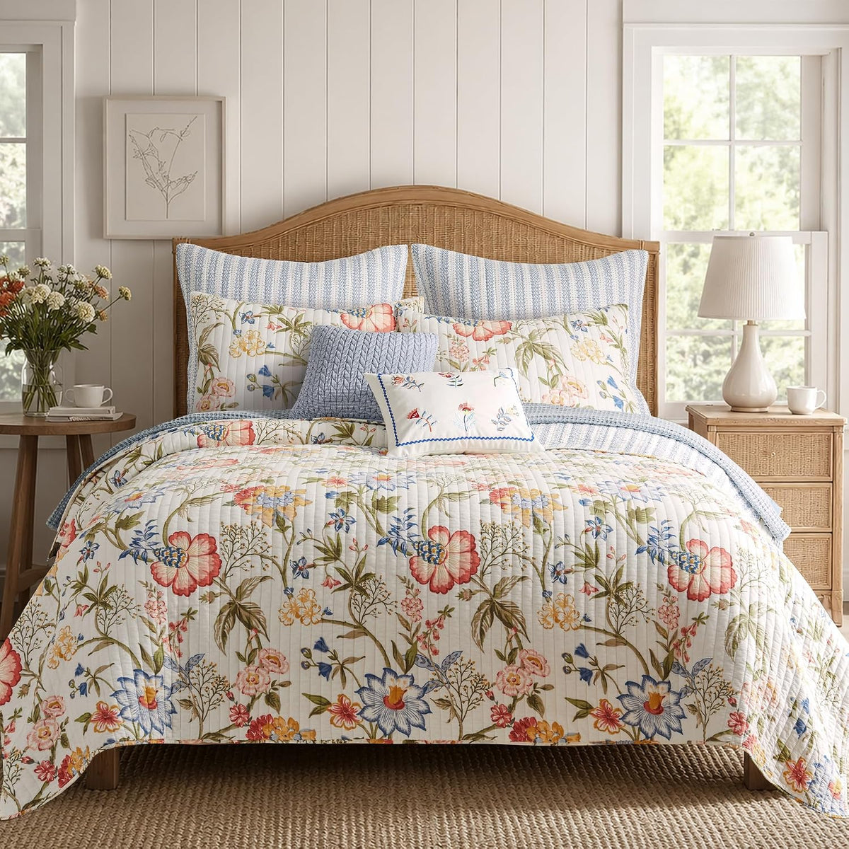 Maileen Quilt Set - King Quilt and Two King Shams - Floral - Bright Multi Color - Quilt (106x92in.) and Shams (20x36in.) - Reversible - Cotton