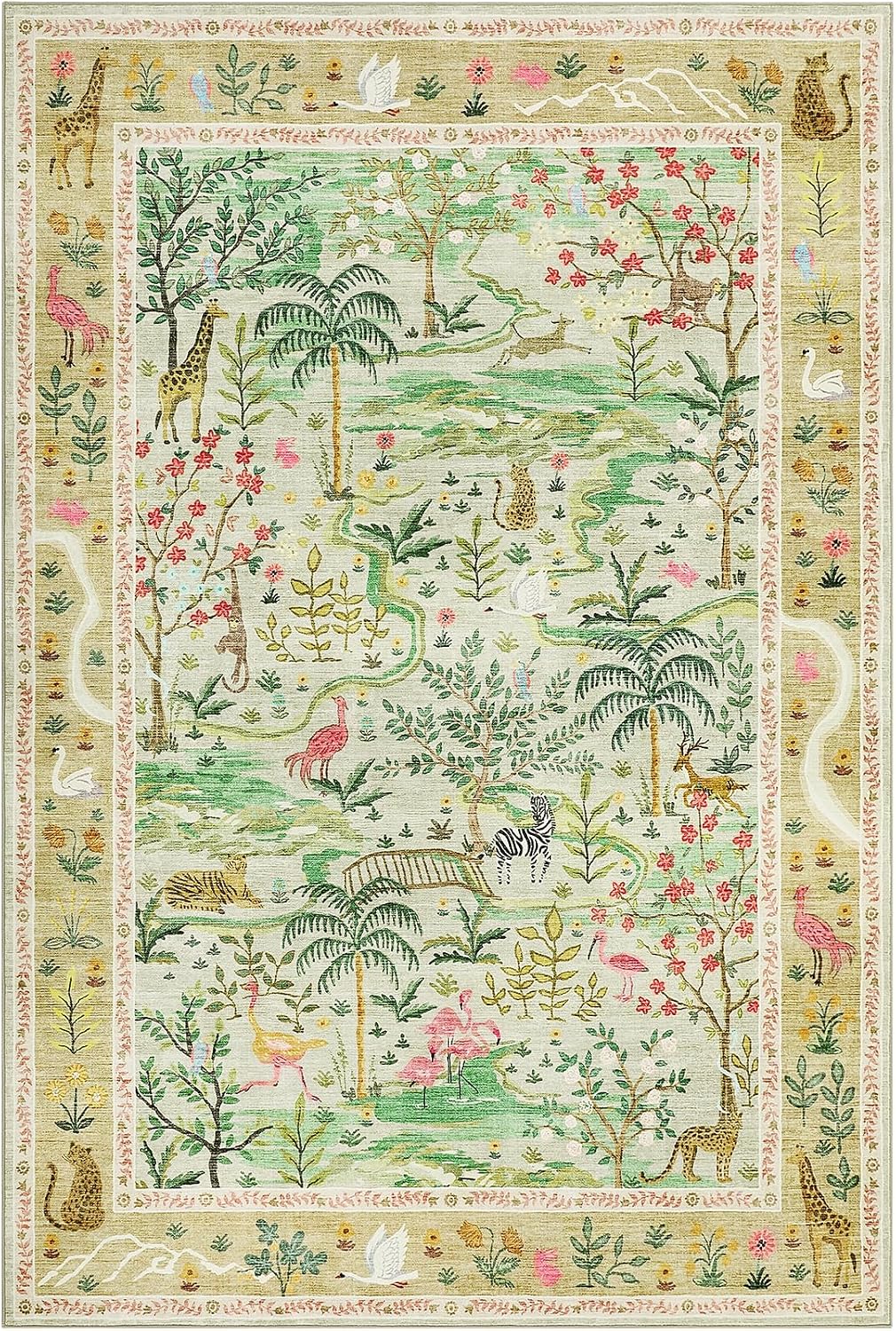 8x10 Washable Rug for Living Room Green Animal Print Large Bedroom Rugs Non Slip Forest Nursery Girls Room Throw Carpet Stain Resistant Whimsical Safari Area Rugs for Home Office, Sage Green - image 4