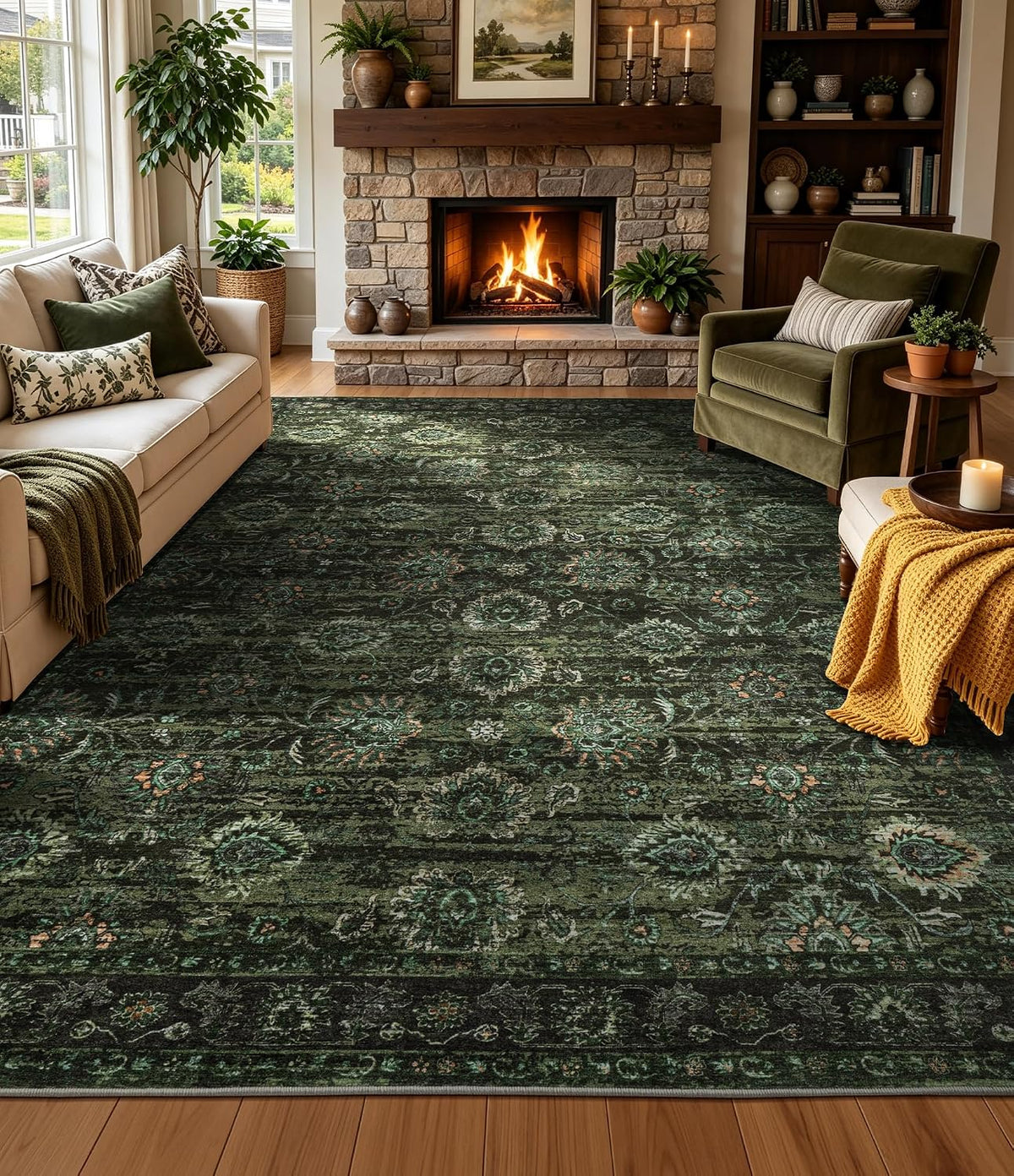 Washable Olive Green 8x10 Area Rugs for Living Room, Dark Vintage Rug for Bedroom Non Slip Distressed, Large Soft Boho Floral Carpet for Playroom Dining Room Home Office Decor - image 3