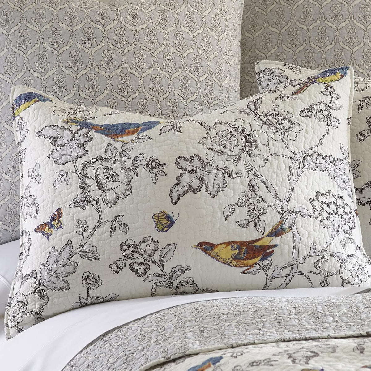 Mockingbird Quilt Set - King/Cal King Quilt 106x92in. + Two King Pillow Shams 36x20in. - Grey Toile with Birds and Butterflies - Reversible Pattern - Cotton - image 4