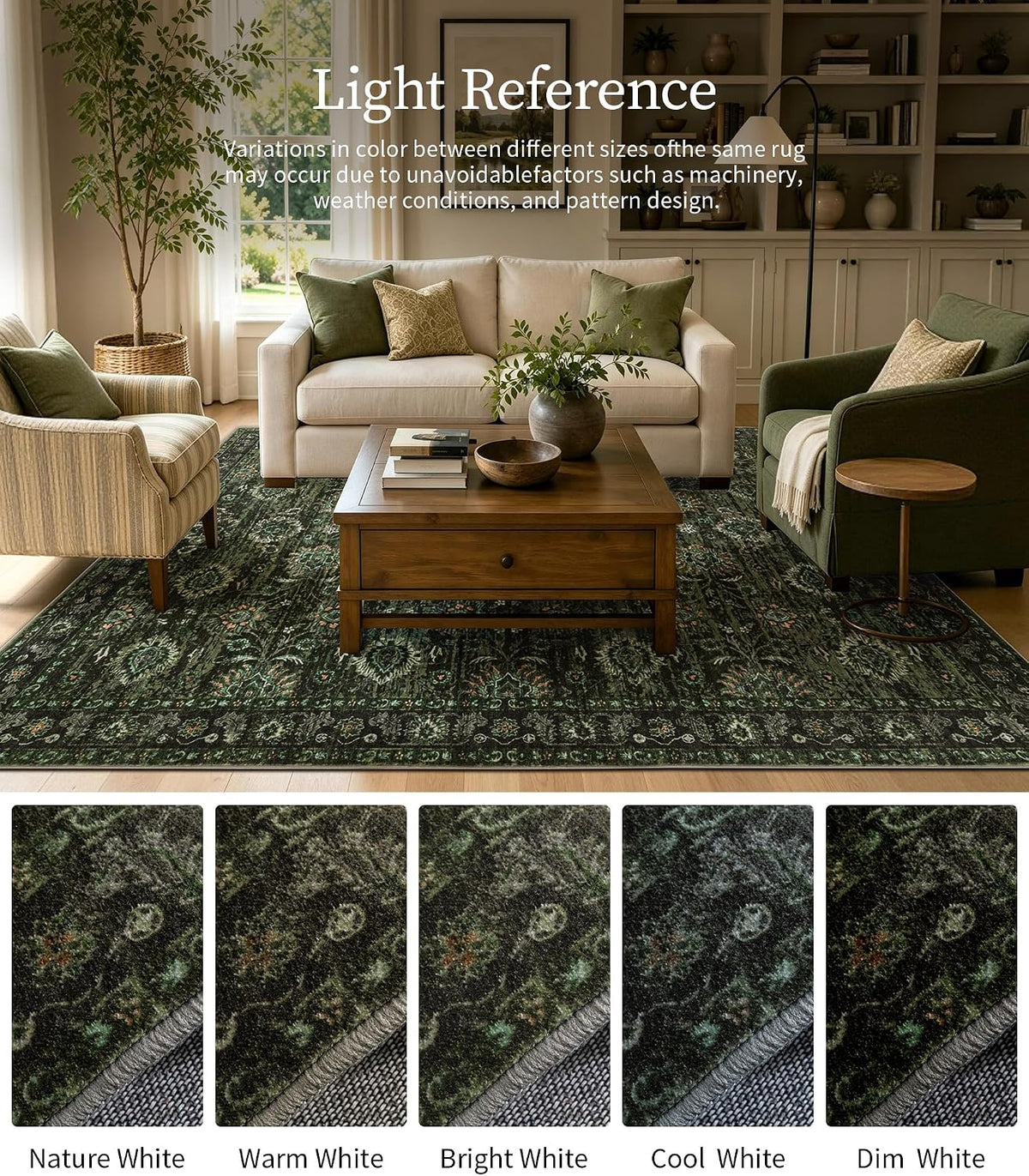 Washable Olive Green 8x10 Area Rugs for Living Room, Dark Vintage Rug for Bedroom Non Slip Distressed, Large Soft Boho Floral Carpet for Playroom Dining Room Home Office Decor - image 8