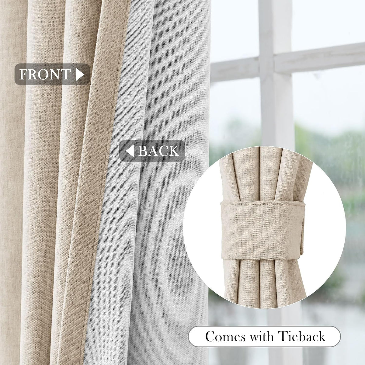 100" Wx84 L Taupe Full Blackout Curtains for Sliding Door, Thermal Insulated Drapery for Living Room Bedroom Windows Patio Door, Modern Chenille Grommet Curtains with Tieback 1 Panel - image 6