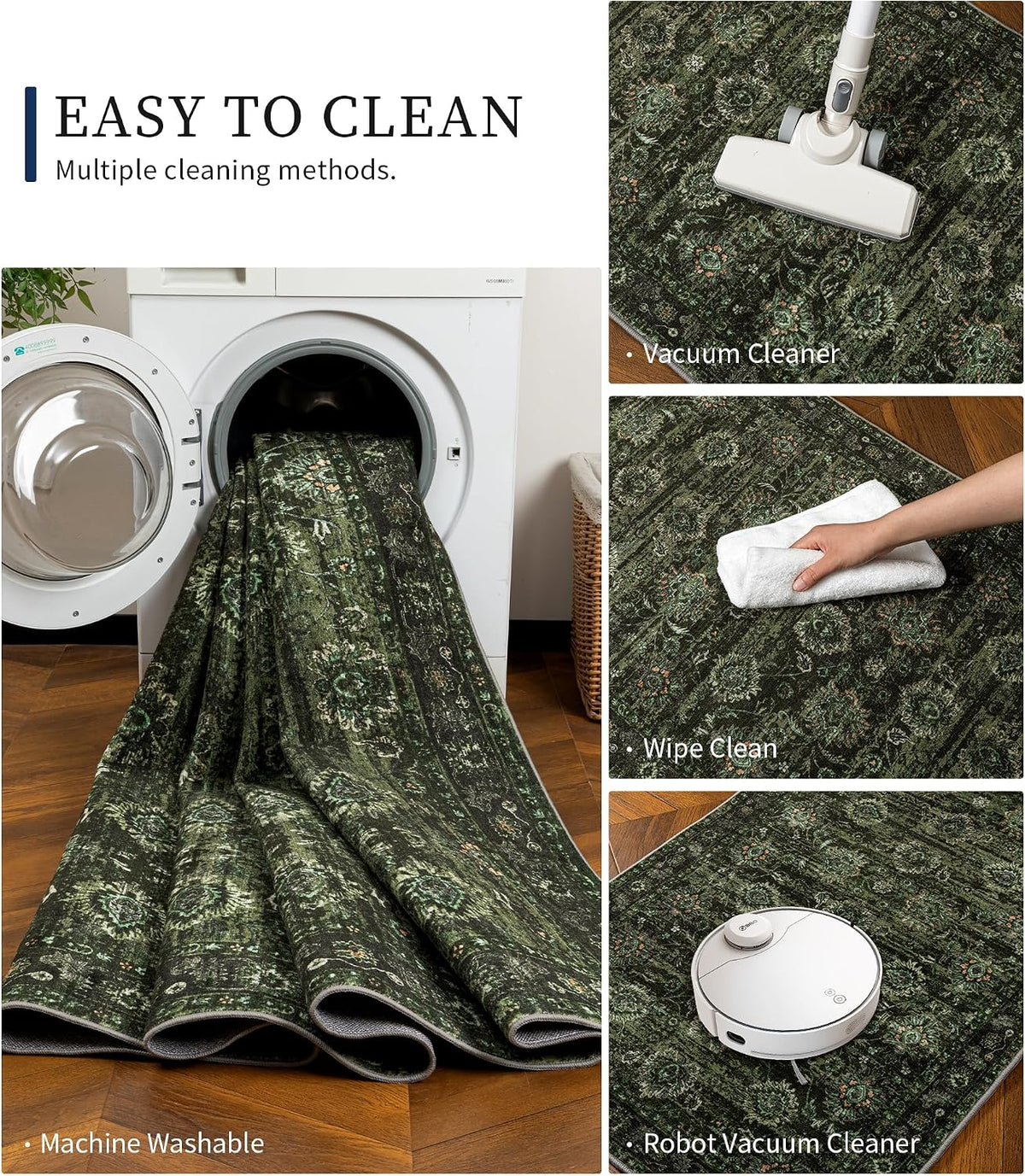Washable Olive Green 8x10 Area Rugs for Living Room, Dark Vintage Rug for Bedroom Non Slip Distressed, Large Soft Boho Floral Carpet for Playroom Dining Room Home Office Decor - image 4