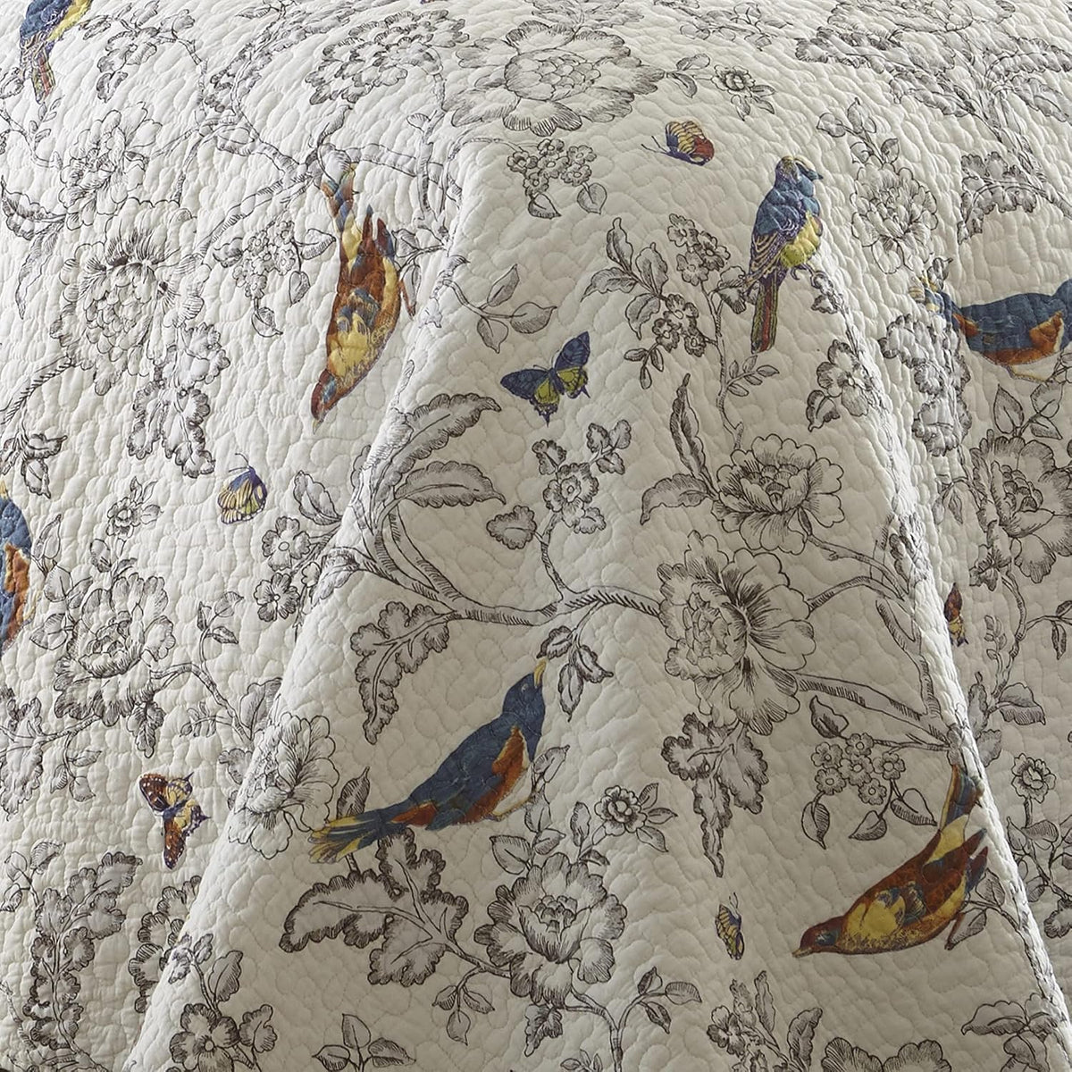 Mockingbird Quilt Set - King/Cal King Quilt 106x92in. + Two King Pillow Shams 36x20in. - Grey Toile with Birds and Butterflies - Reversible Pattern - Cotton - image 3