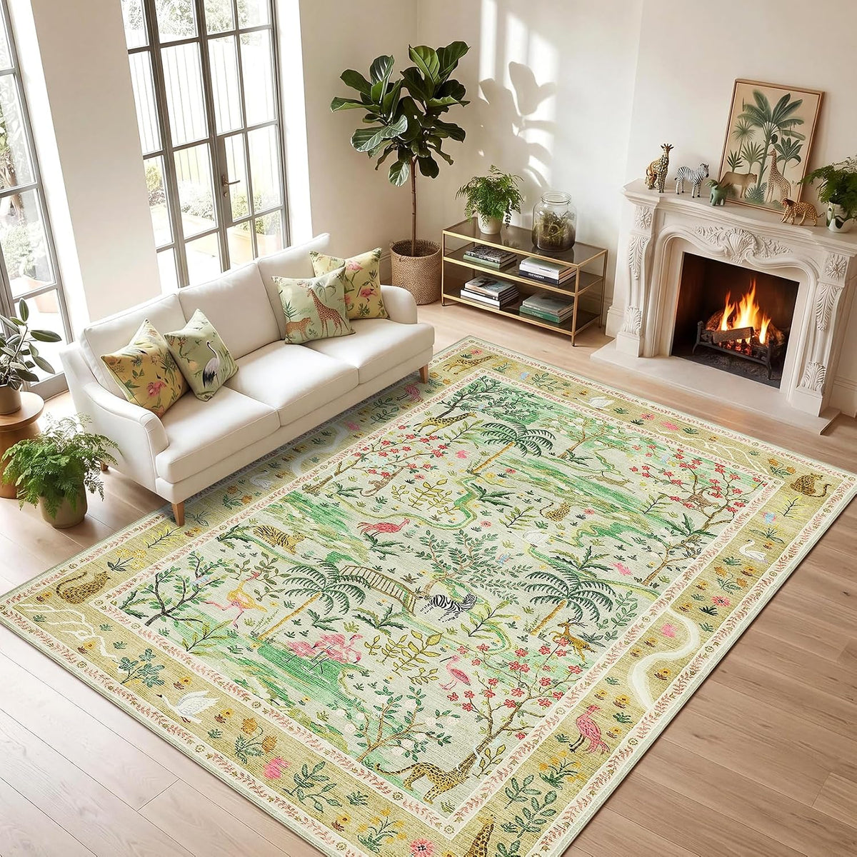 8x10 Washable Rug for Living Room Green Animal Print Large Bedroom Rugs Non Slip Forest Nursery Girls Room Throw Carpet Stain Resistant Whimsical Safari Area Rugs for Home Office, Sage Green