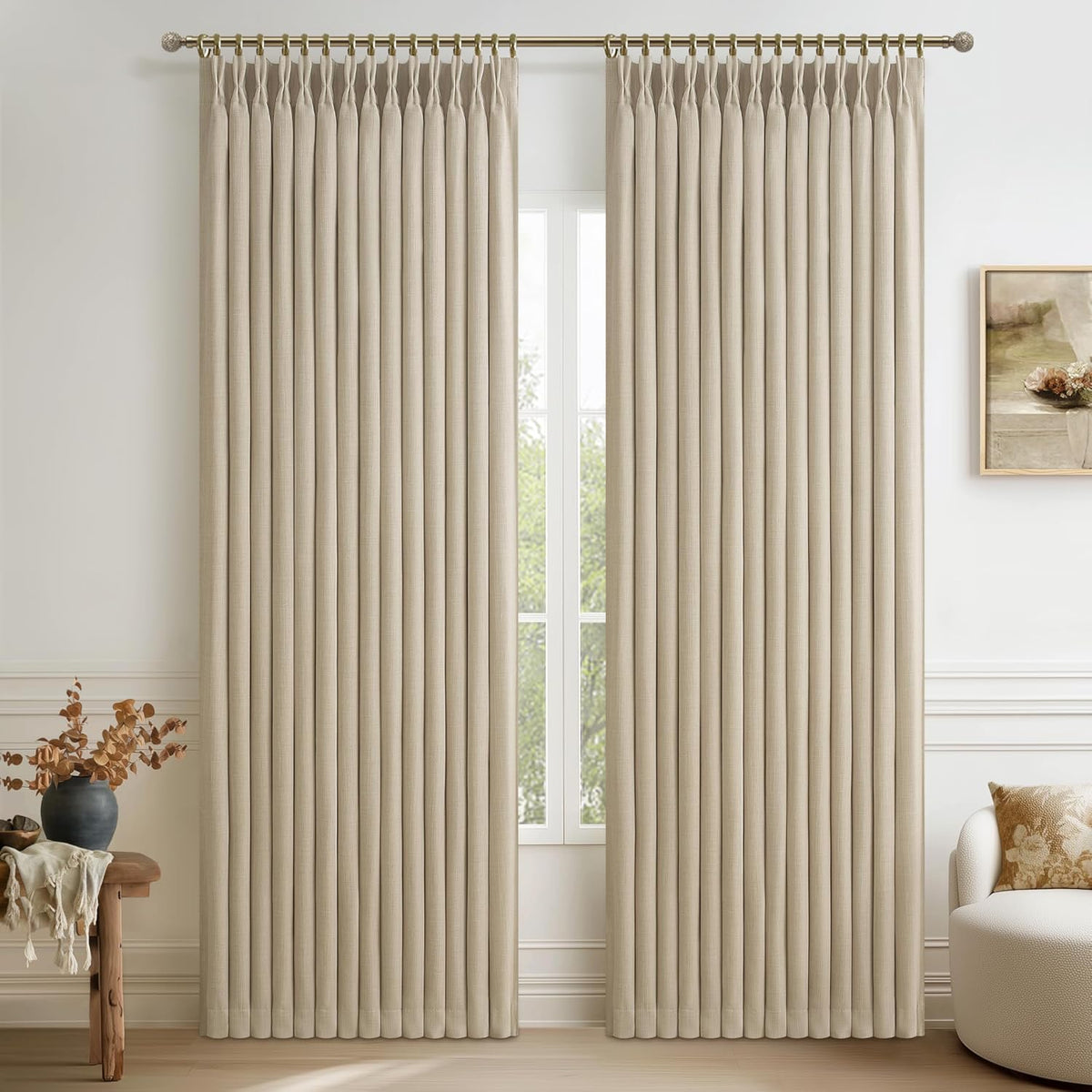 Extra Wide 70 Inch Blackout Curtains 90 Inches Long for Dining Room 2 Panels Set, Memory Trained Pinch Pleated Thermal Sound Dampening Double Layer Linen Blend Ivory Windows Drapes 70x90 Length - image 12