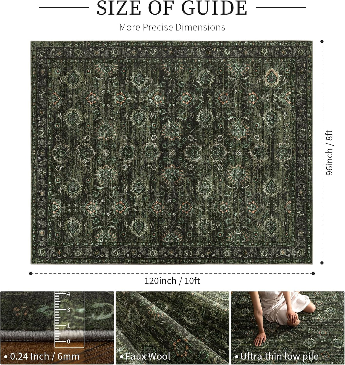 Washable Olive Green 8x10 Area Rugs for Living Room, Dark Vintage Rug for Bedroom Non Slip Distressed, Large Soft Boho Floral Carpet for Playroom Dining Room Home Office Decor - image 2