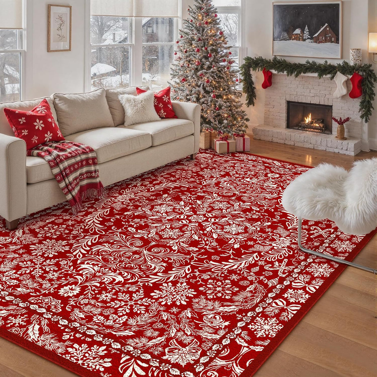 Christmas Floral Area Rug 8x10 Red Washable Non Slip Living Room - image 2
