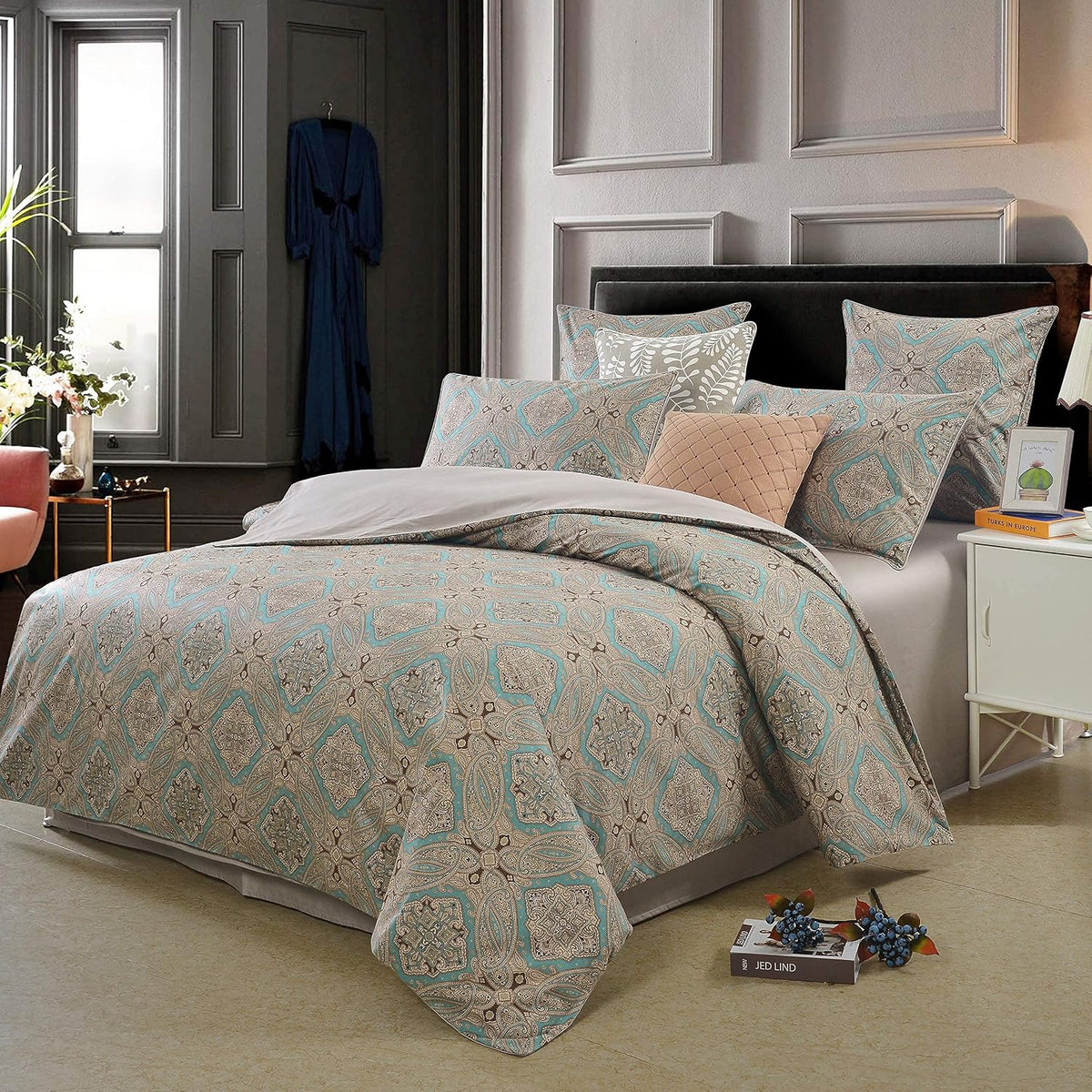 Luxury Hotel Classy Paisley Regal Themed Duvet Cover Set 100% Cotton Sateen, Inside Ties, Comfortable, Soft Durable, 3pc 800-Thread-Count Bedding Set with Button Closure Taupe King Size - image 3