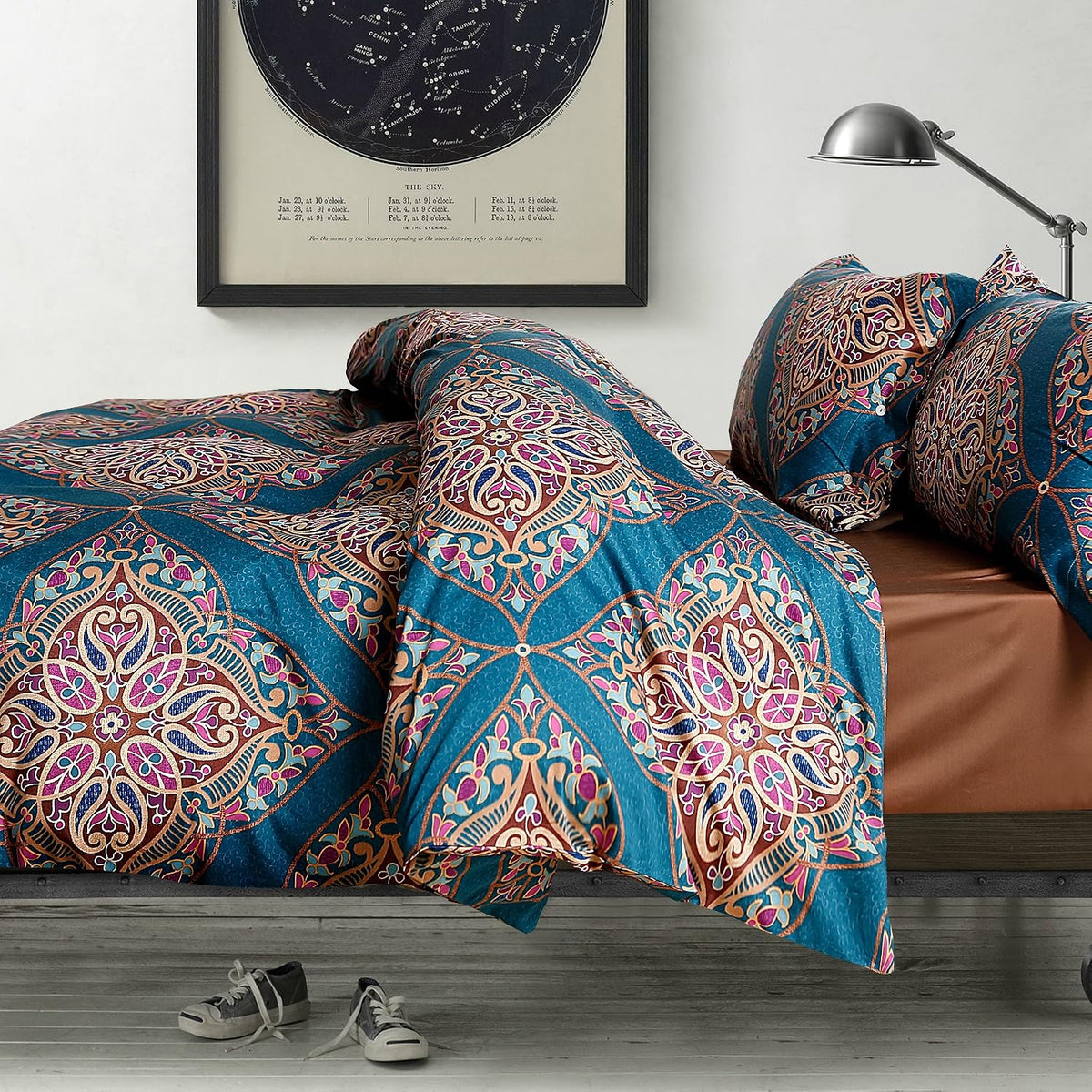 Damask Medallion Duvet Cover, Luxury Paisley Print Bedding Set, 400 Thread Count Egyptian Cotton (Teal, King)