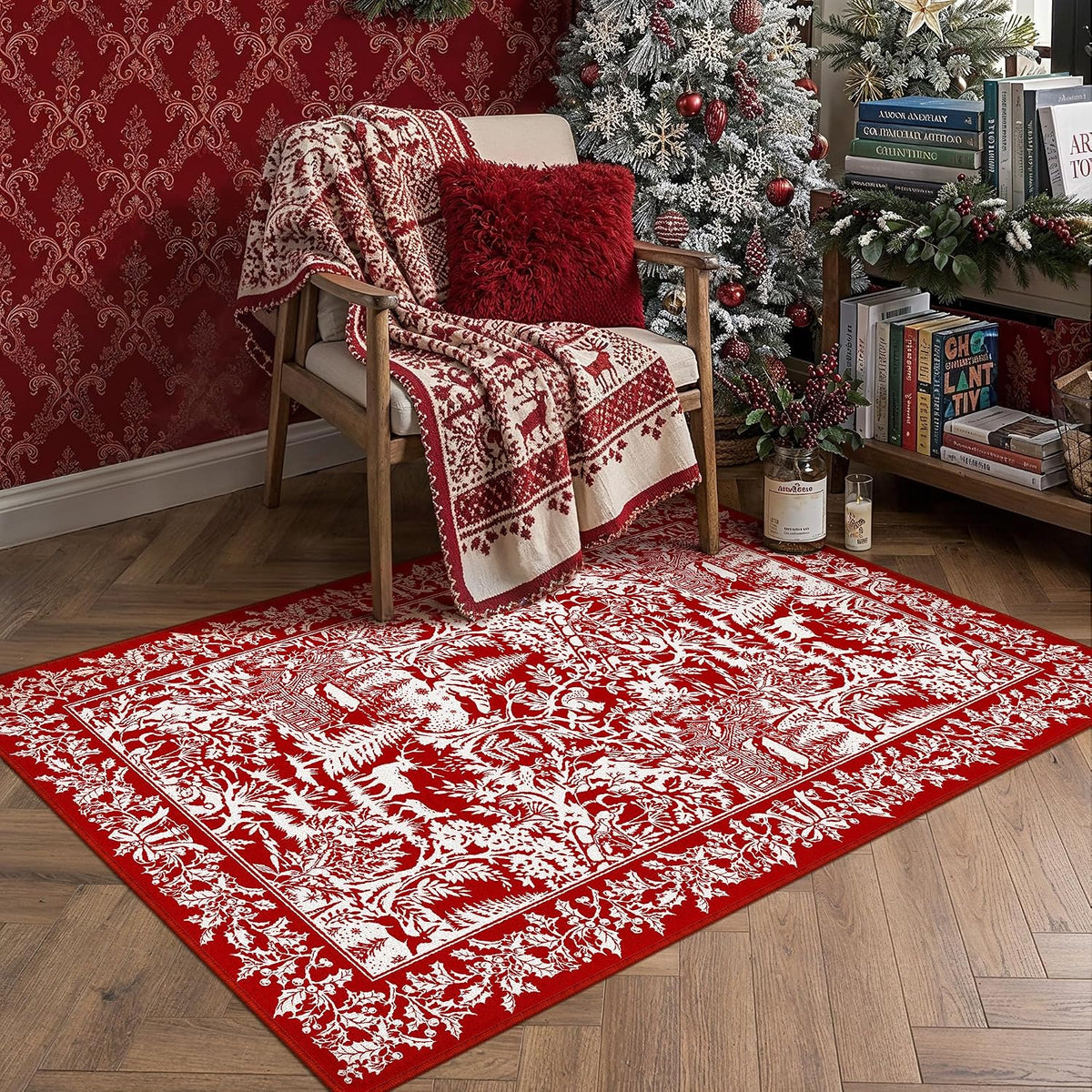 Christmas Floral Area Rug 8x10 Red Washable Non Slip Living Room - image 10
