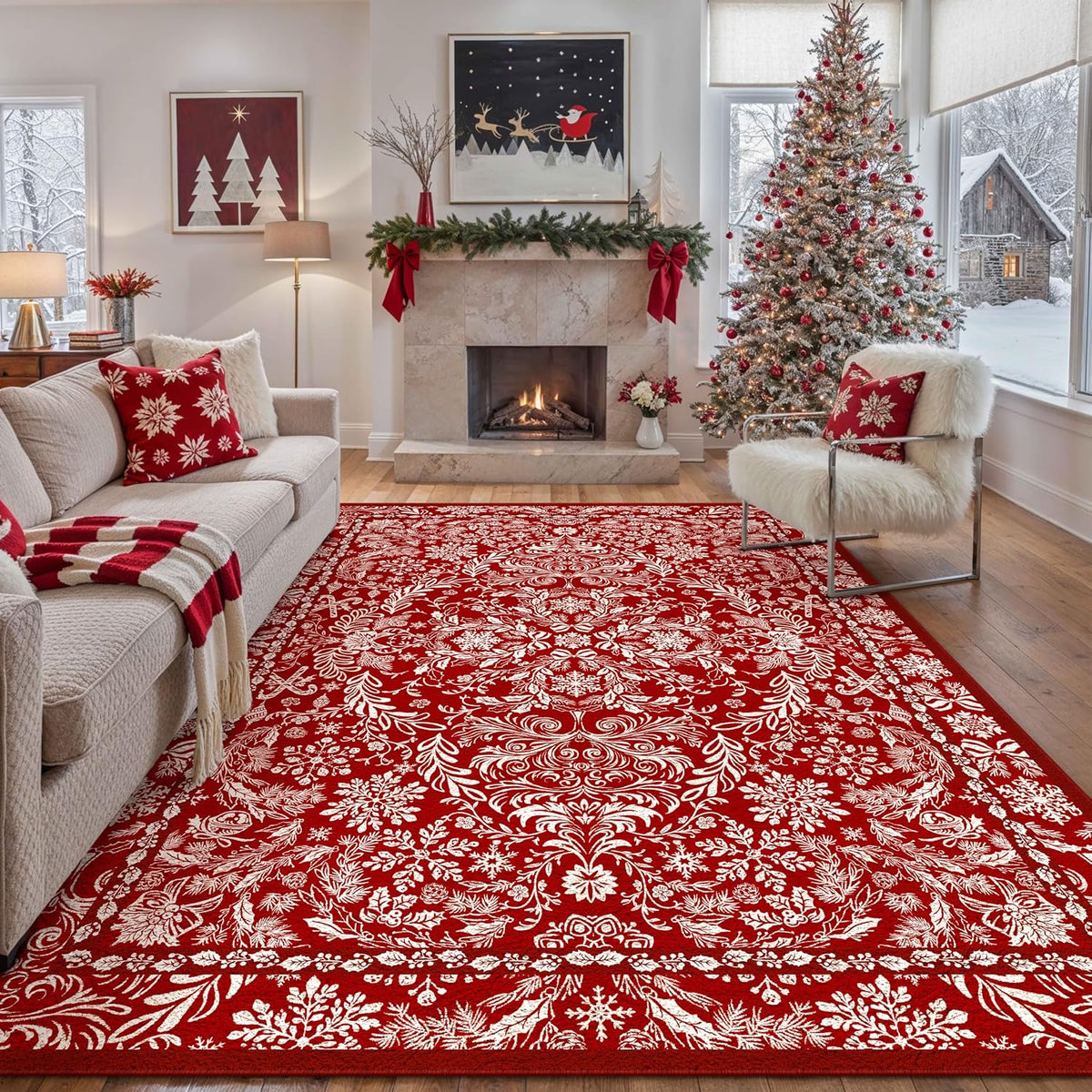 Christmas Floral Area Rug 8x10 Red Washable Non Slip Living Room