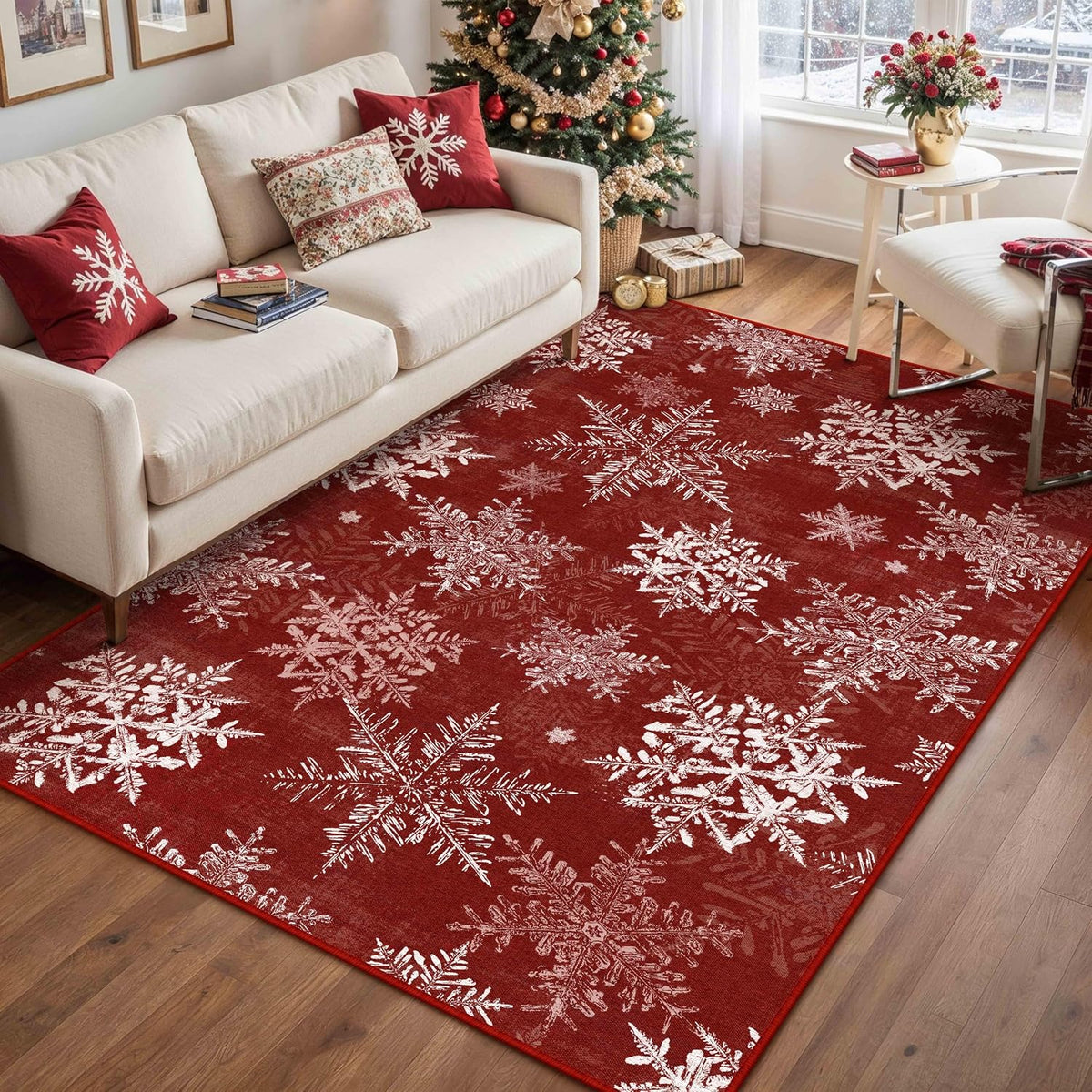 Christmas Floral Area Rug 8x10 Red Washable Non Slip Living Room - image 5