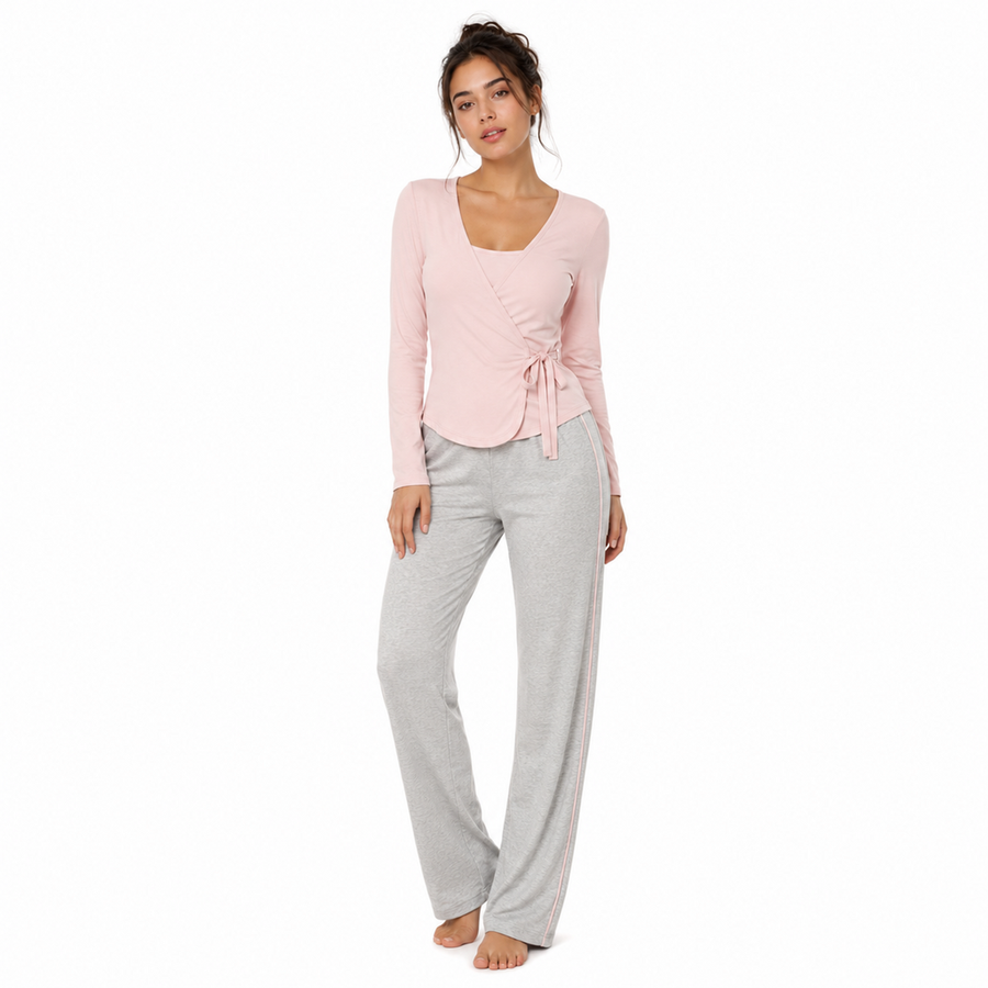 Women's Wrap Lounge Set – Viscose Modal Knit Mesh | Ballet Pink & Heather Grey