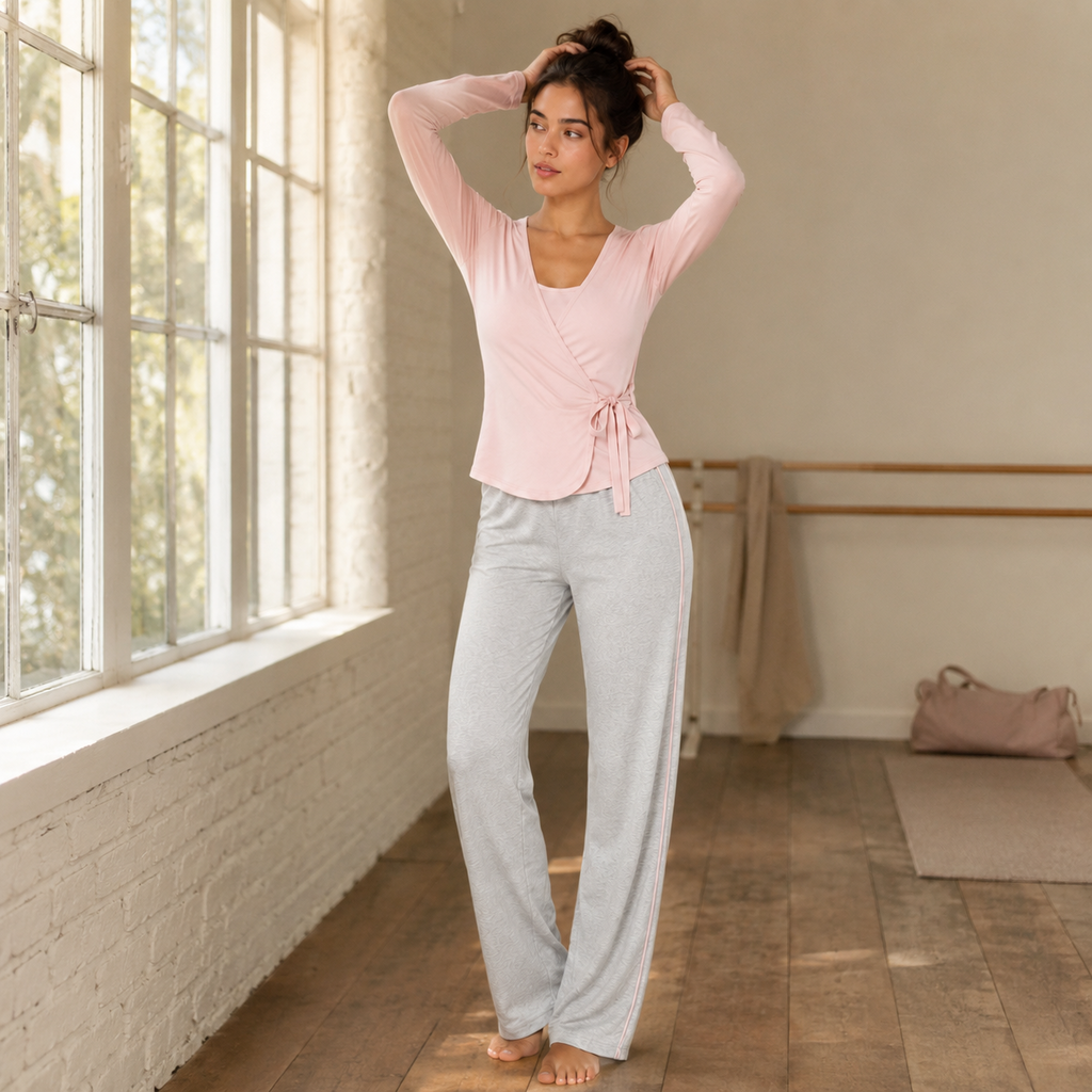 Women's Wrap Lounge Set – Viscose Modal Knit Mesh | Ballet Pink & Heather Grey