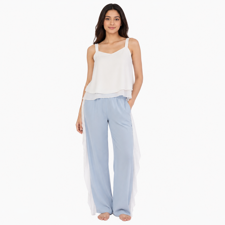 Women's Camisole & Wide-Leg Pant Set – Brushed Modal Cotton Knit | Cloud White & Mist Blue