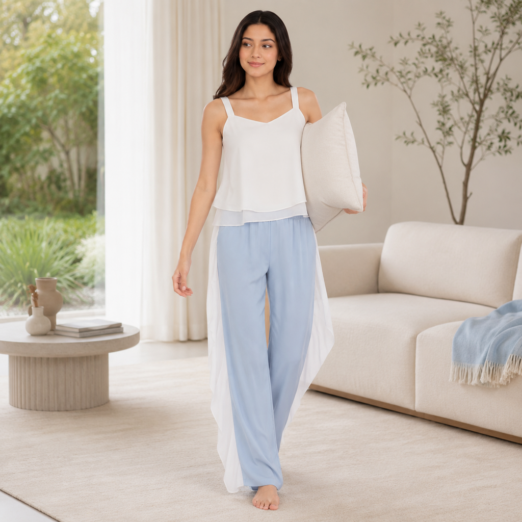 Women's Camisole & Wide-Leg Pant Set – Brushed Modal Cotton Knit | Cloud White & Mist Blue