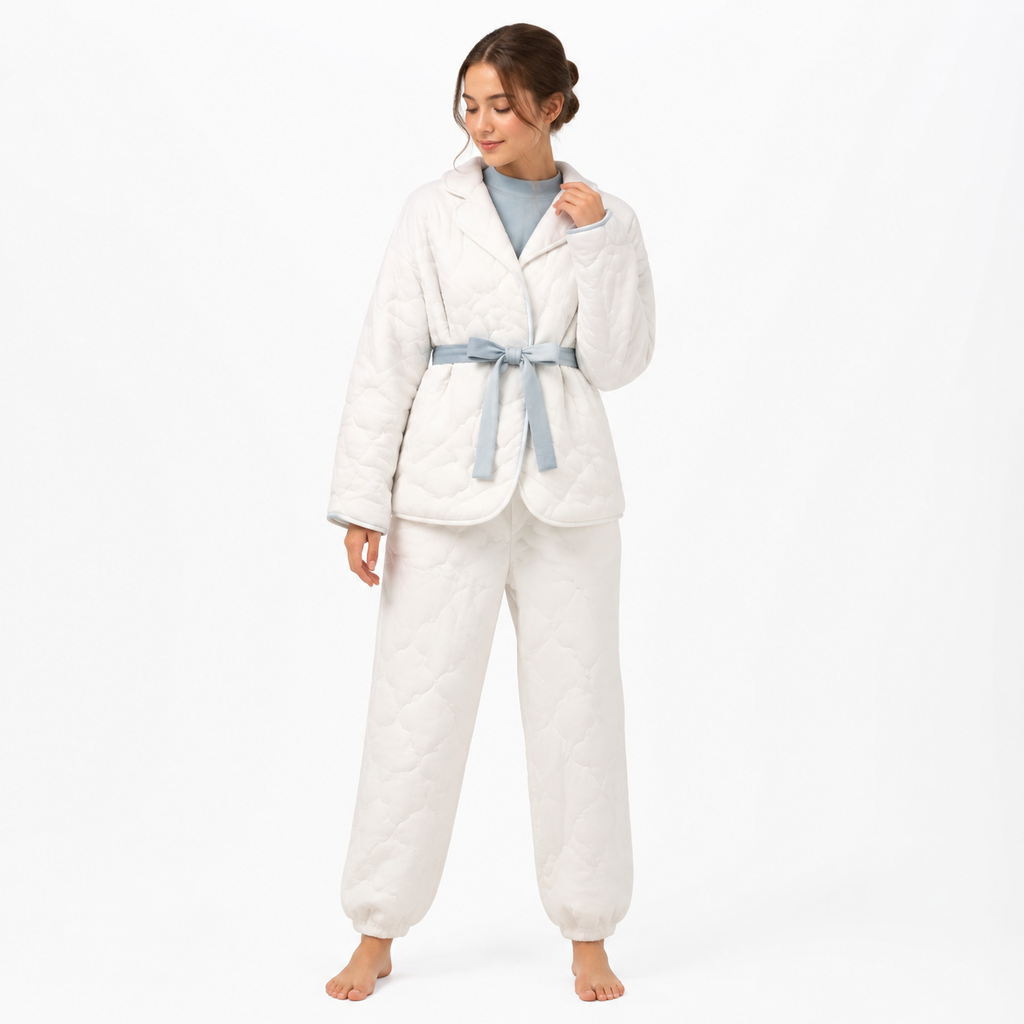 Women's Quilted Jacket Lounge Set – Brushed Modal Cotton Knit | Cloud White & Mist Blue