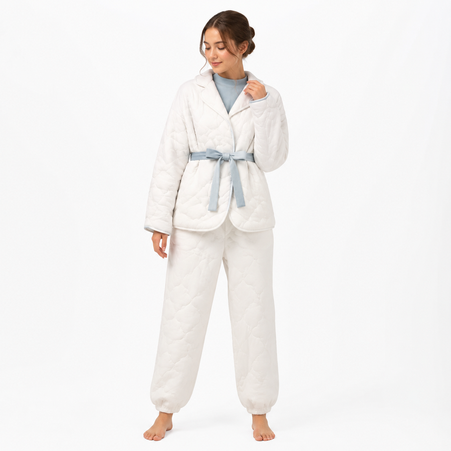 Women's Quilted Jacket Lounge Set – Brushed Modal Cotton Knit | Cloud White & Mist Blue